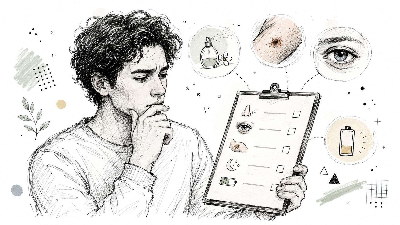 A sketched illustration of a young man holding a medical clipboard with various health symptom icons.