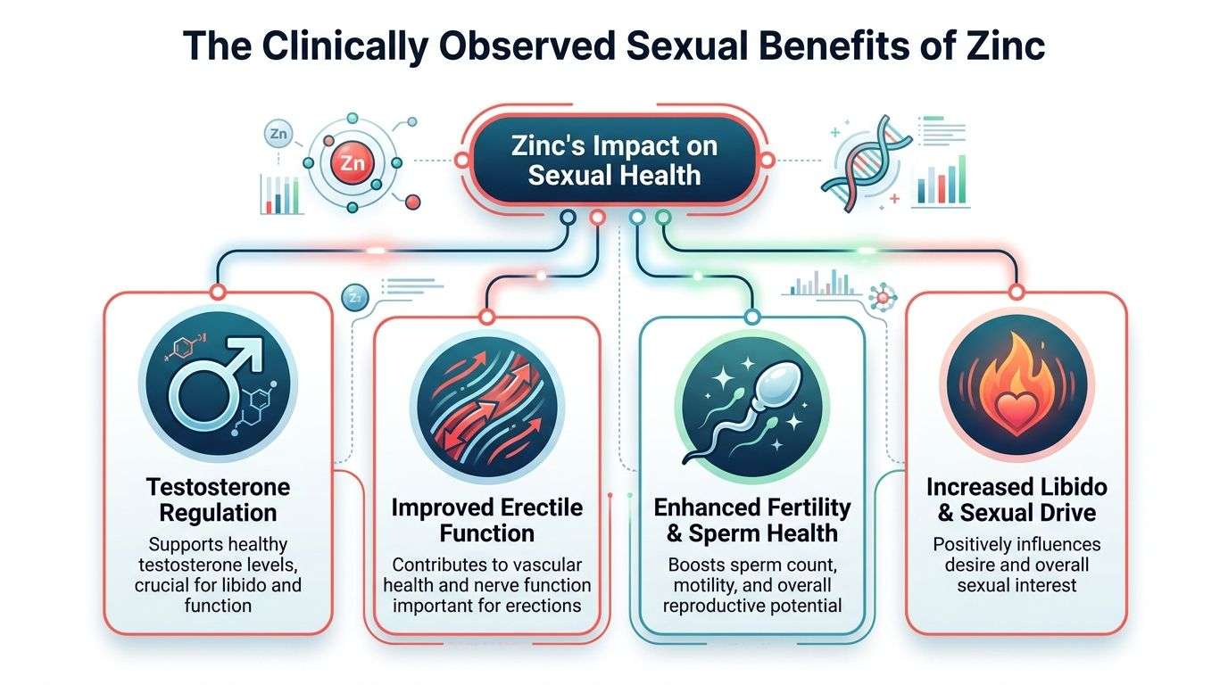 An infographic illustrating the clinically observed sexual health benefits of zinc, including testosterone regulation, improved erection, and fertility.