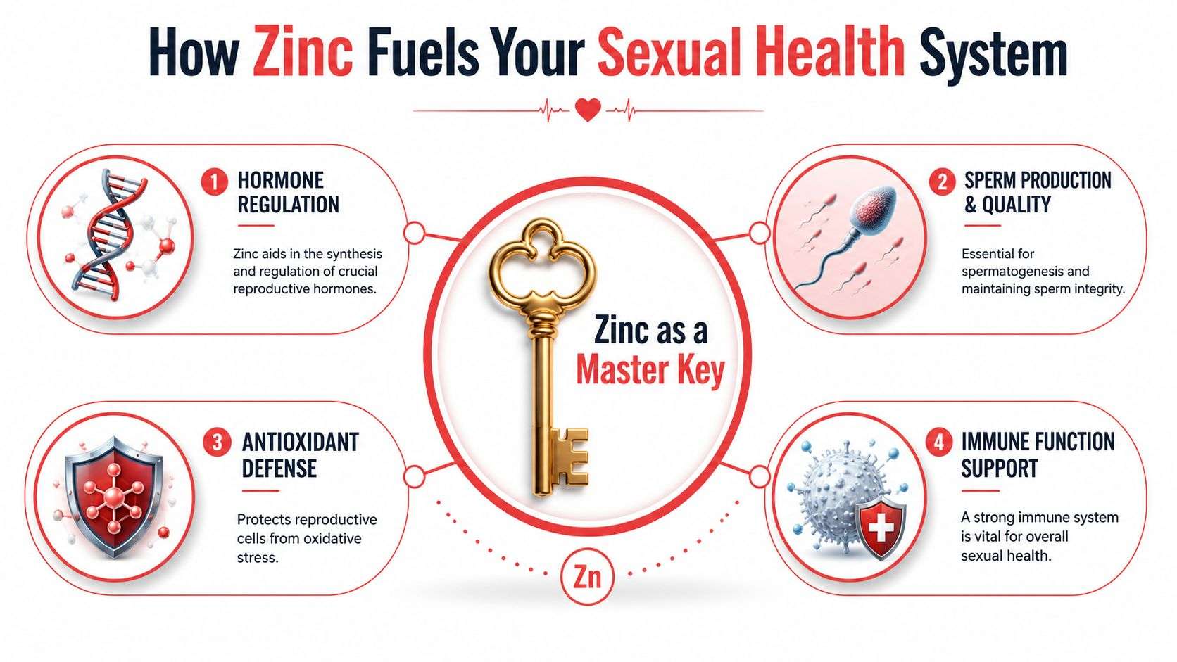 An infographic titled How Zinc Fuels Your Sexual Health System showing four key benefits of zinc.