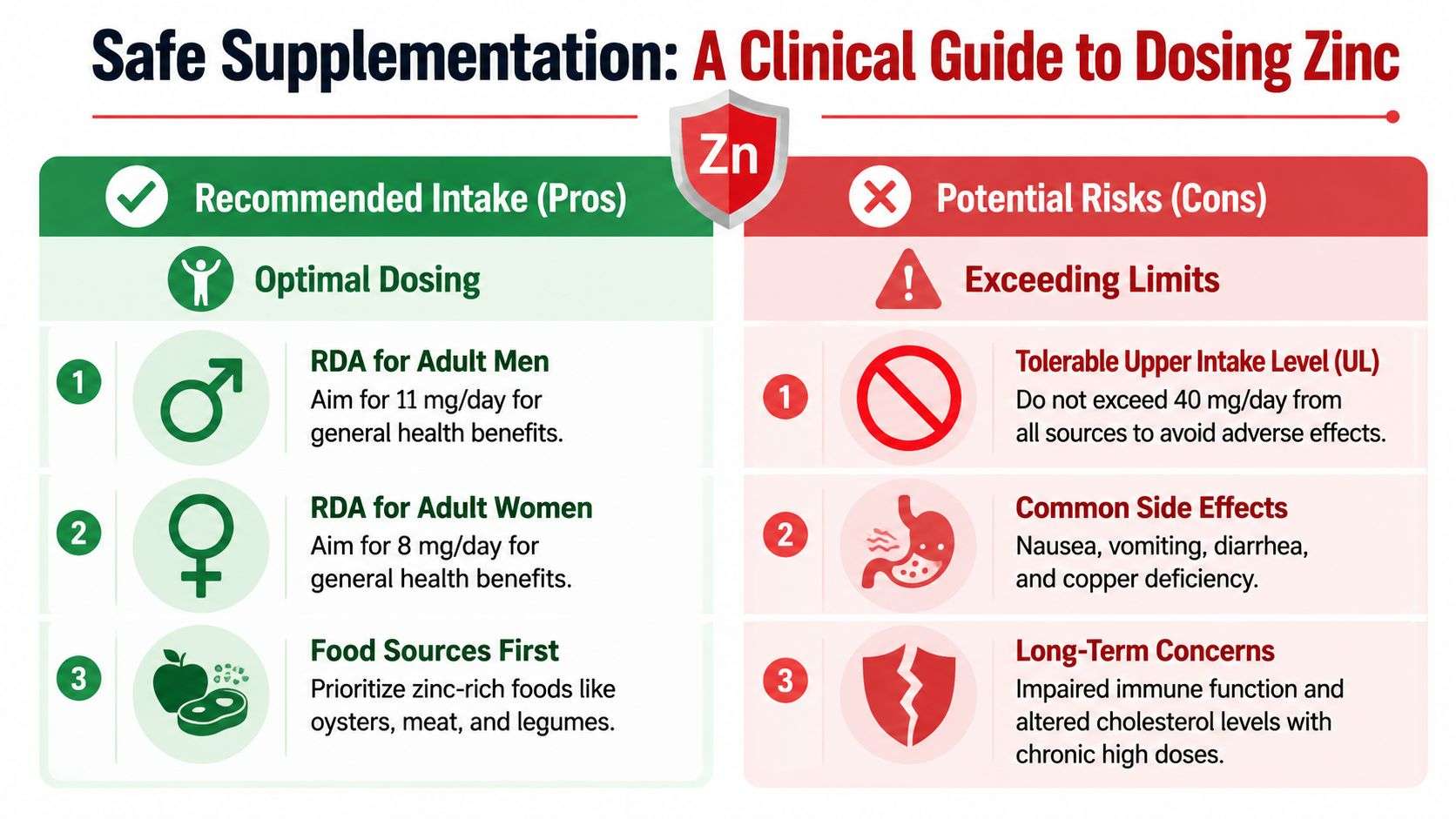 A clinical guide chart explaining the recommended daily intake and potential risks of zinc supplementation for adults.