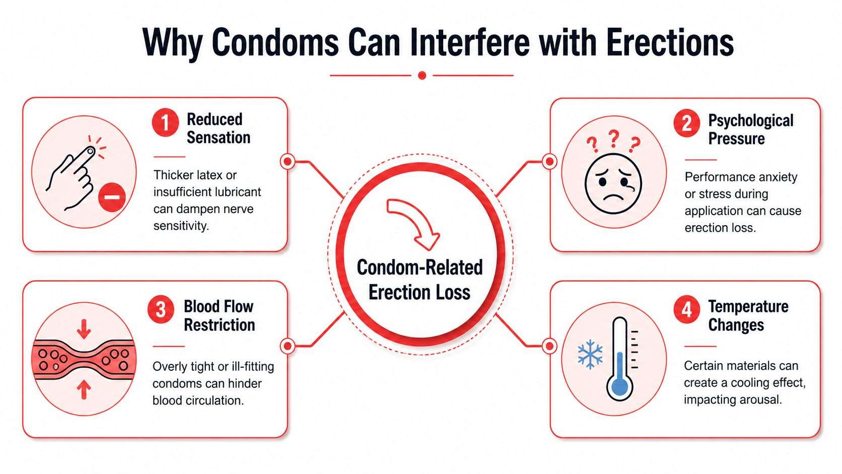 An infographic detailing four primary reasons why condoms can cause erectile dysfunction, including reduced sensation and psychological pressure.