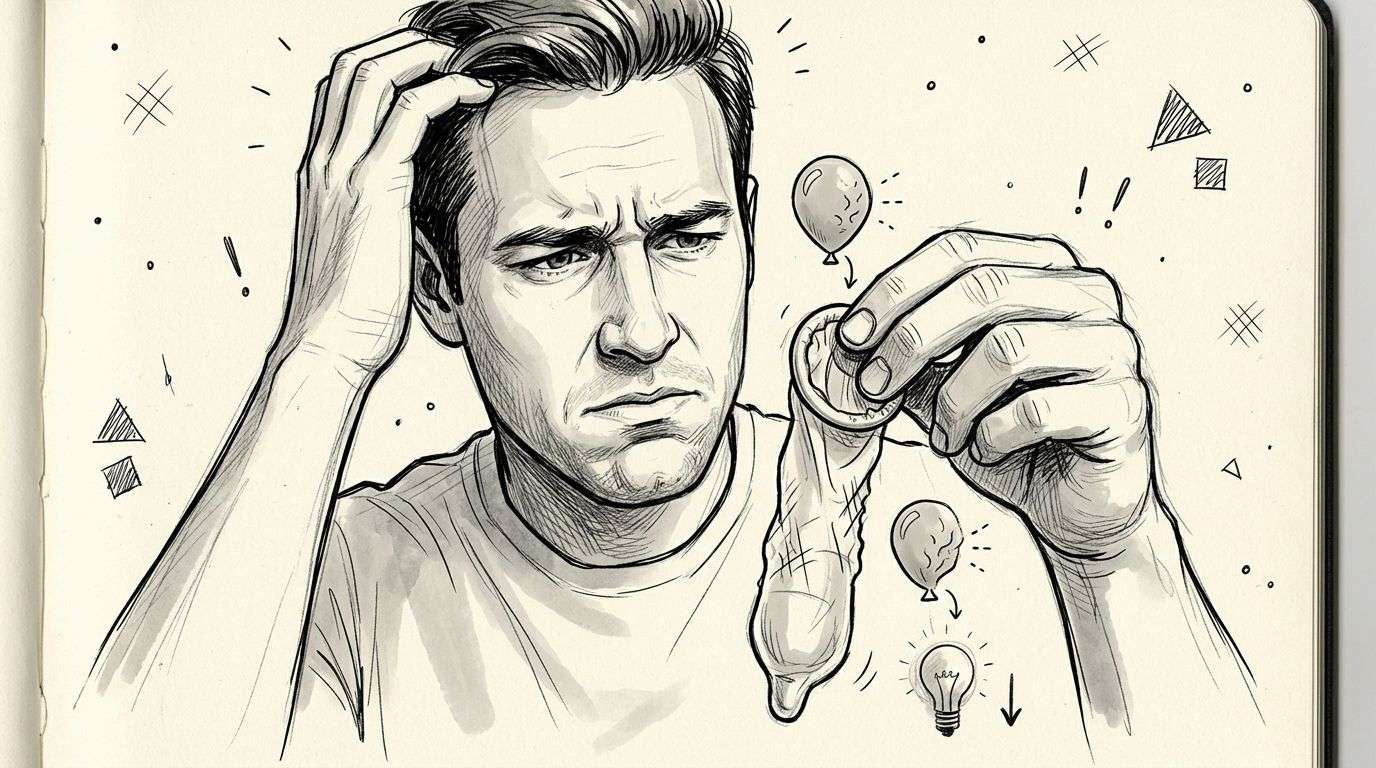 A sketched illustration of a man appearing confused while holding a condom, contemplating sexual health and performance.