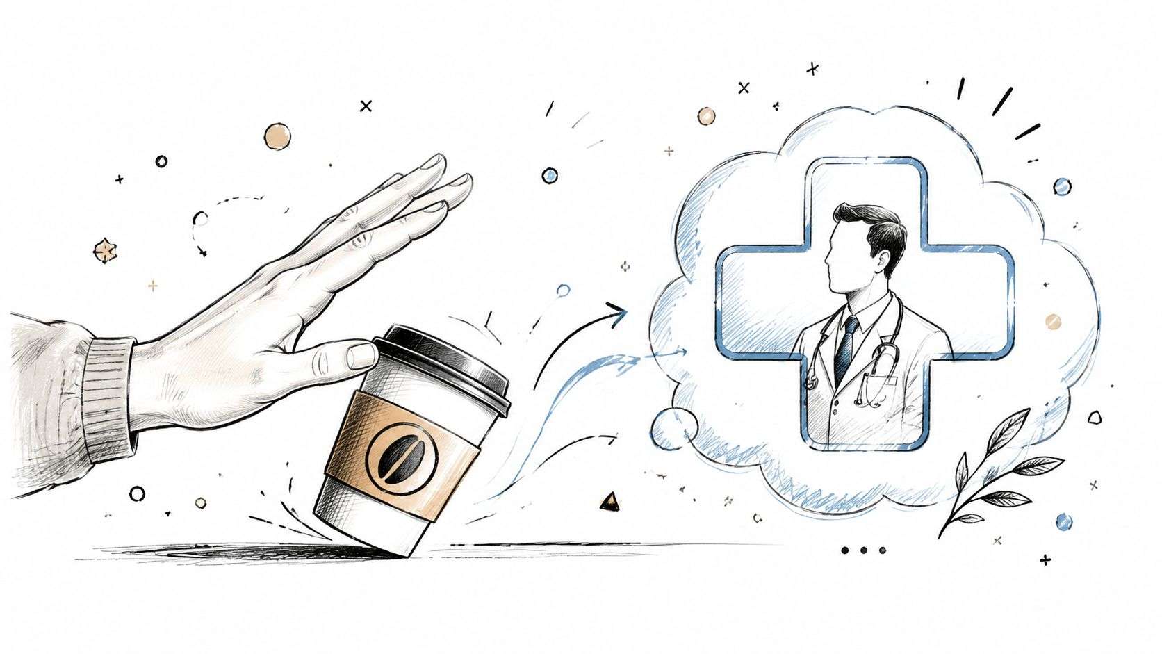 A hand pushing away a coffee cup while a medical cross and a doctor are depicted nearby.
