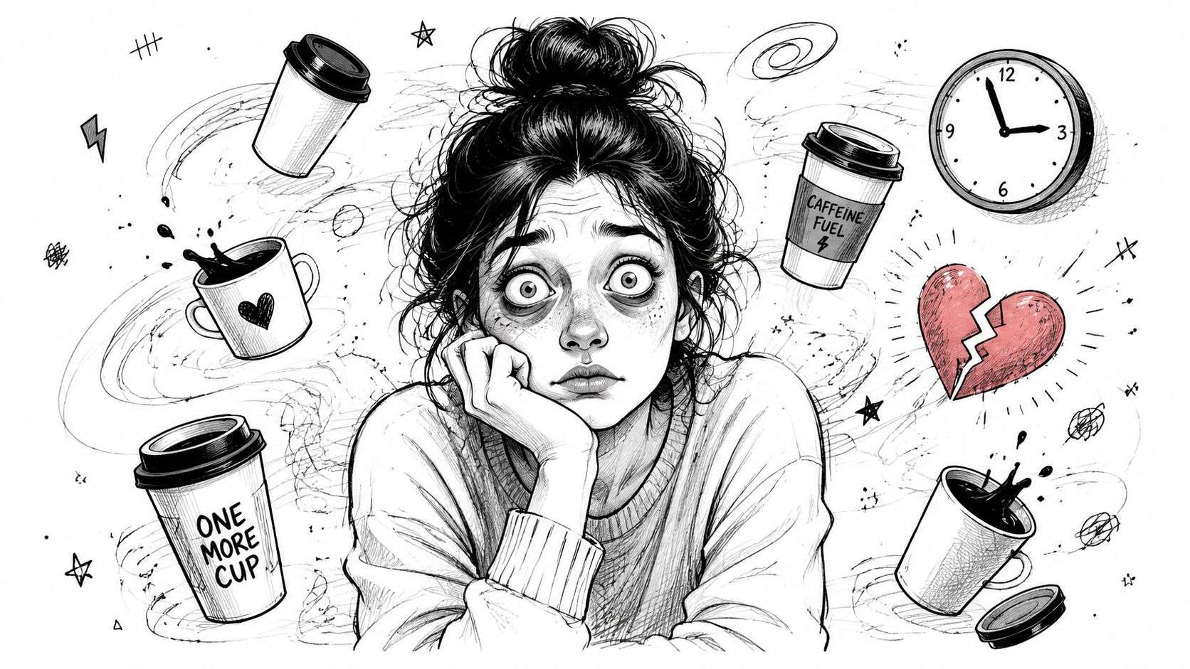 An exhausted woman looking tired, surrounded by coffee cups, a clock, and a broken heart symbol.