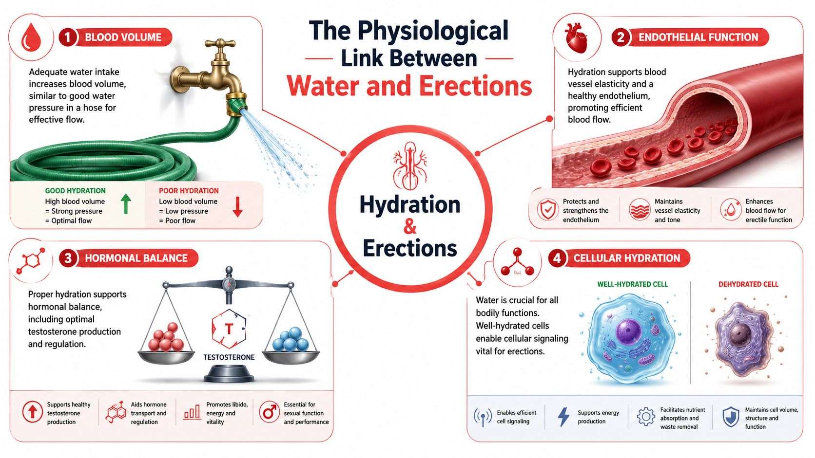 An infographic showing how hydration affects male sexual health through blood volume, endothelial function, hormonal balance, and cellular function.