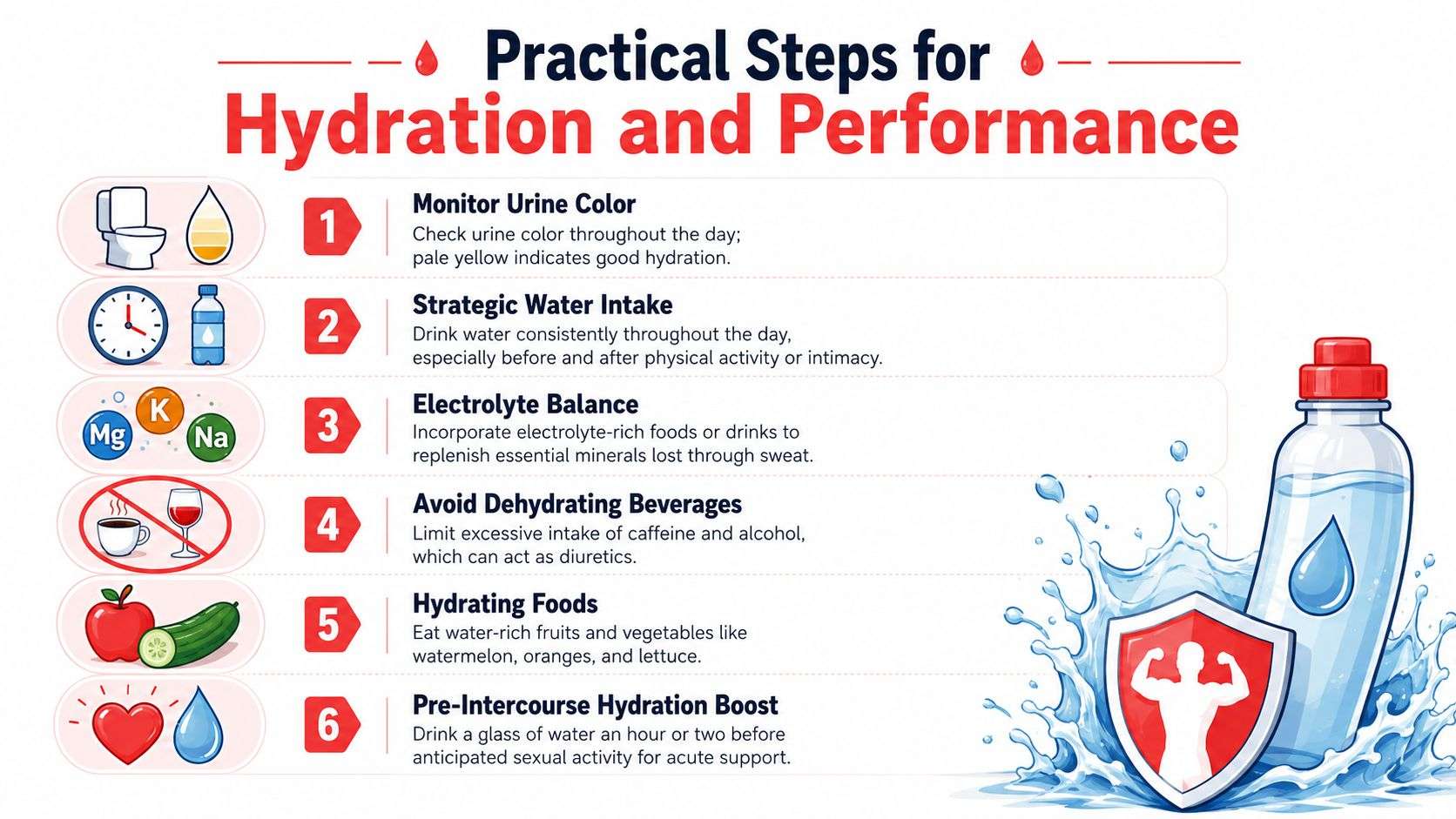 An infographic detailing six practical tips for maintaining hydration to improve physical and sexual performance.