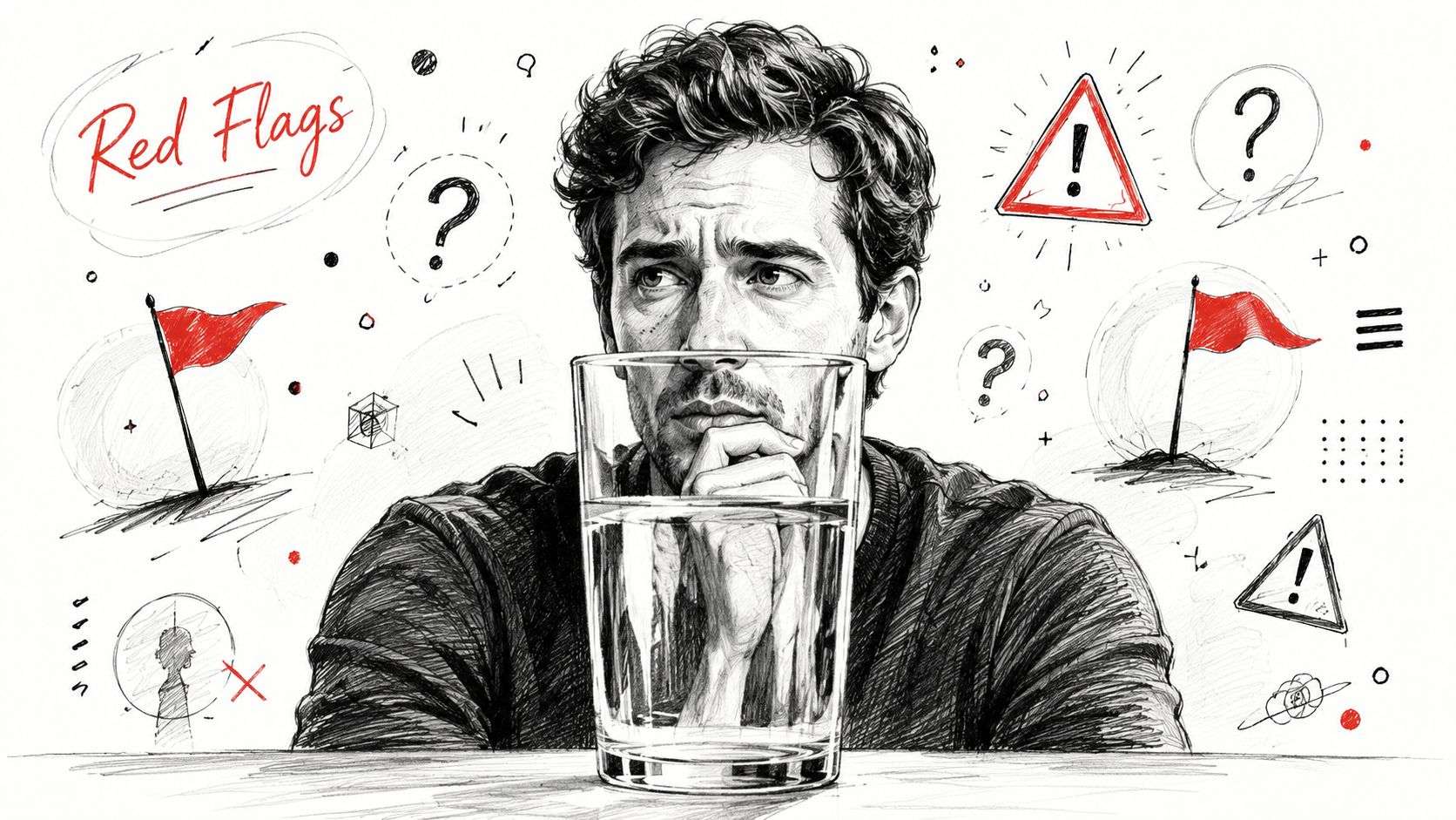 A pensive man stares through a glass of water, surrounded by conceptual red flags and question marks.