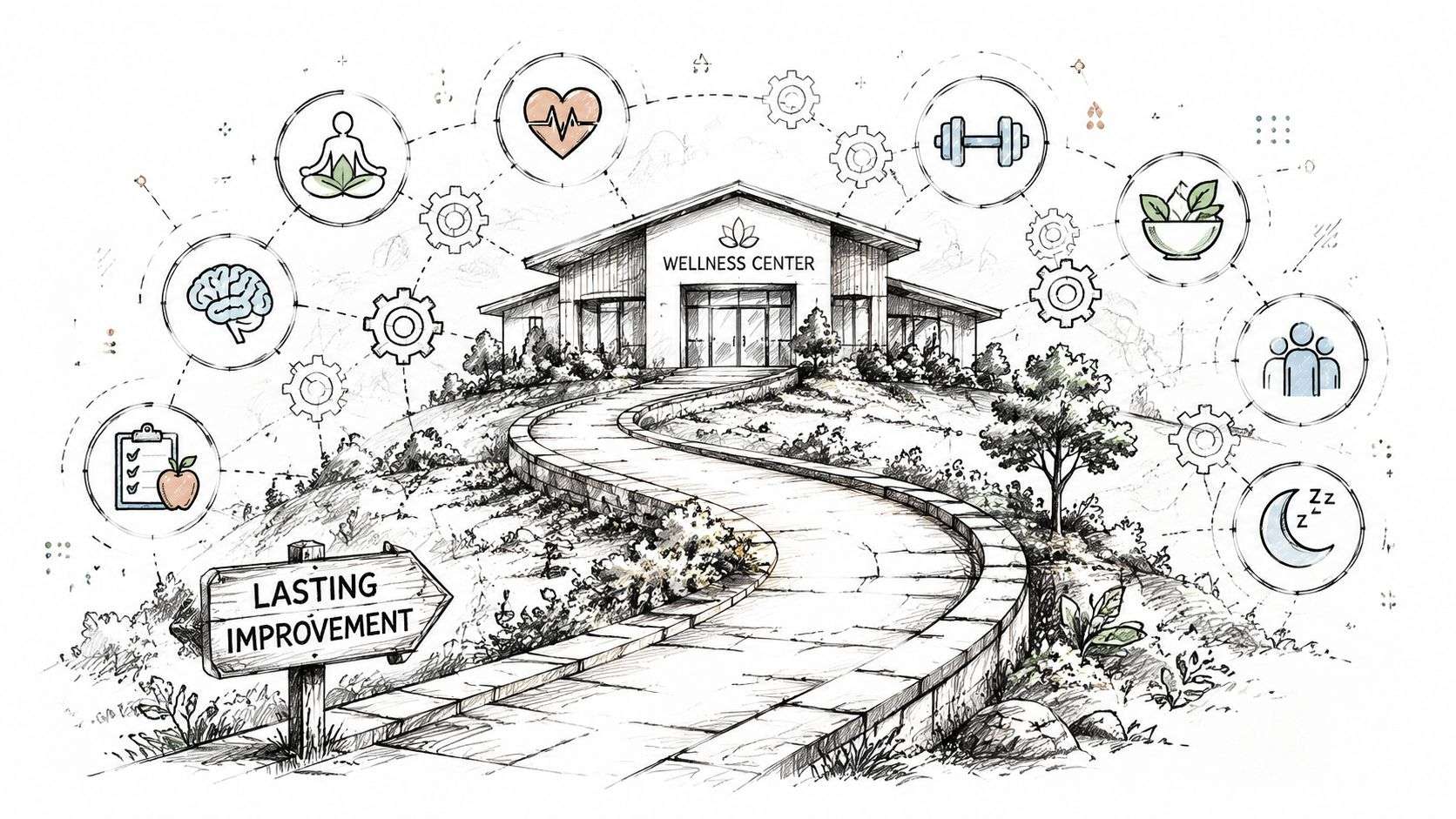 A conceptual illustration of a path leading to a wellness center surrounded by holistic health icons.