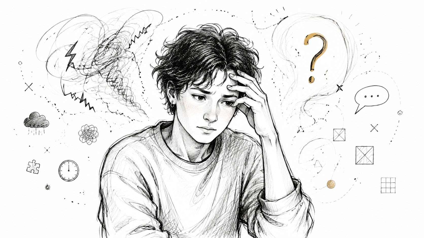 A distressed person with hand on head surrounded by scattered symbols representing anxiety and mental confusion.