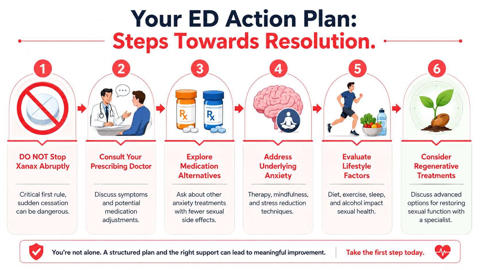 A six-step action plan infographic providing advice on managing erectile dysfunction related to Xanax medication use.