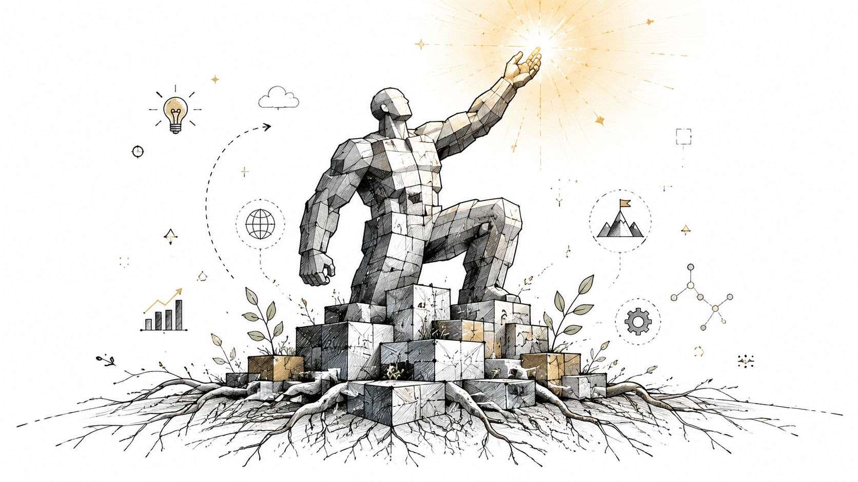 A stylized sculpture of a man made of stone blocks reaching for a glowing light of success.