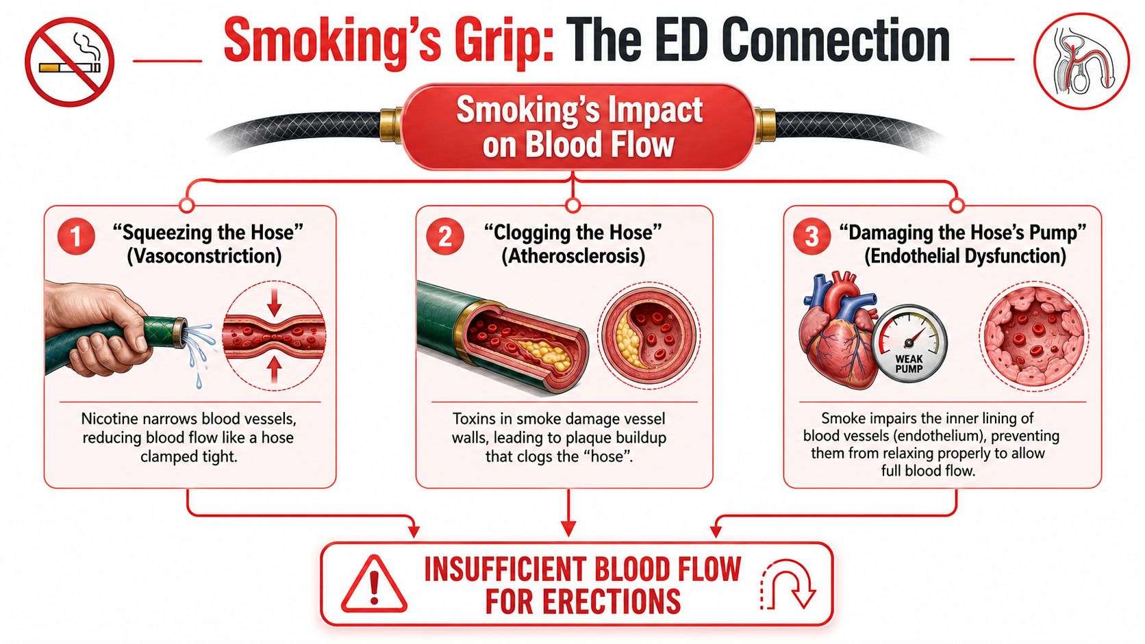 An infographic showing how smoking causes erectile dysfunction through vasoconstriction, atherosclerosis, and endothelial damage to blood vessels.
