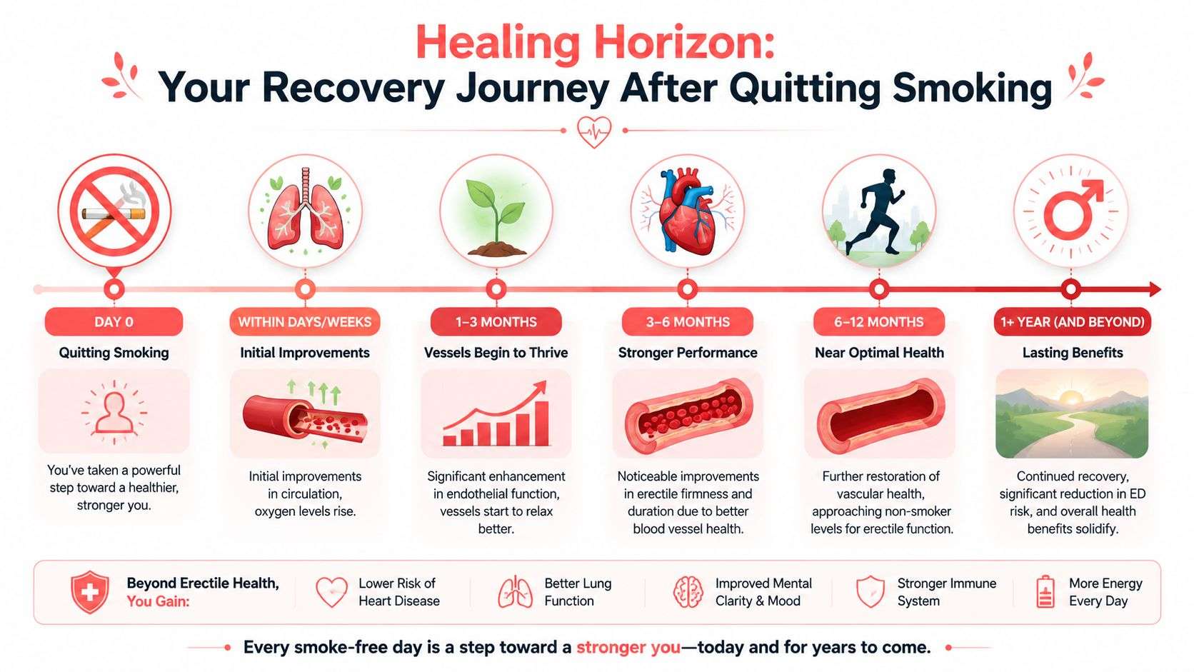 An infographic timeline showing health improvements and erectile function recovery milestones after quitting smoking over one year.