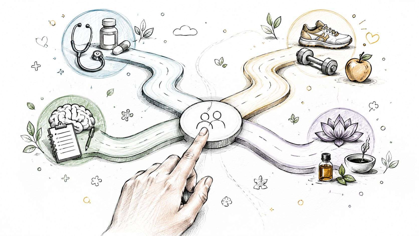An illustration showing a hand selecting from four paths representing medical care, fitness, mental health, and wellness.