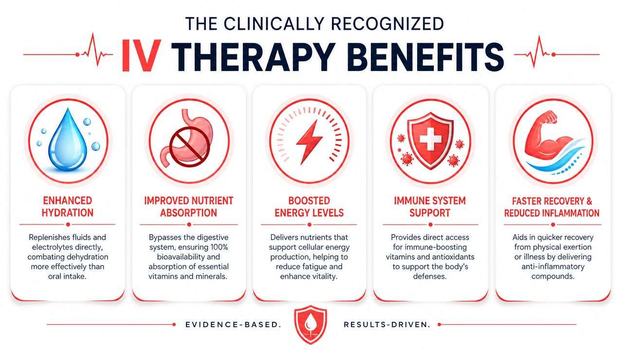 An infographic detailing the five primary clinical health benefits of receiving intravenous nutrient and hydration therapy.