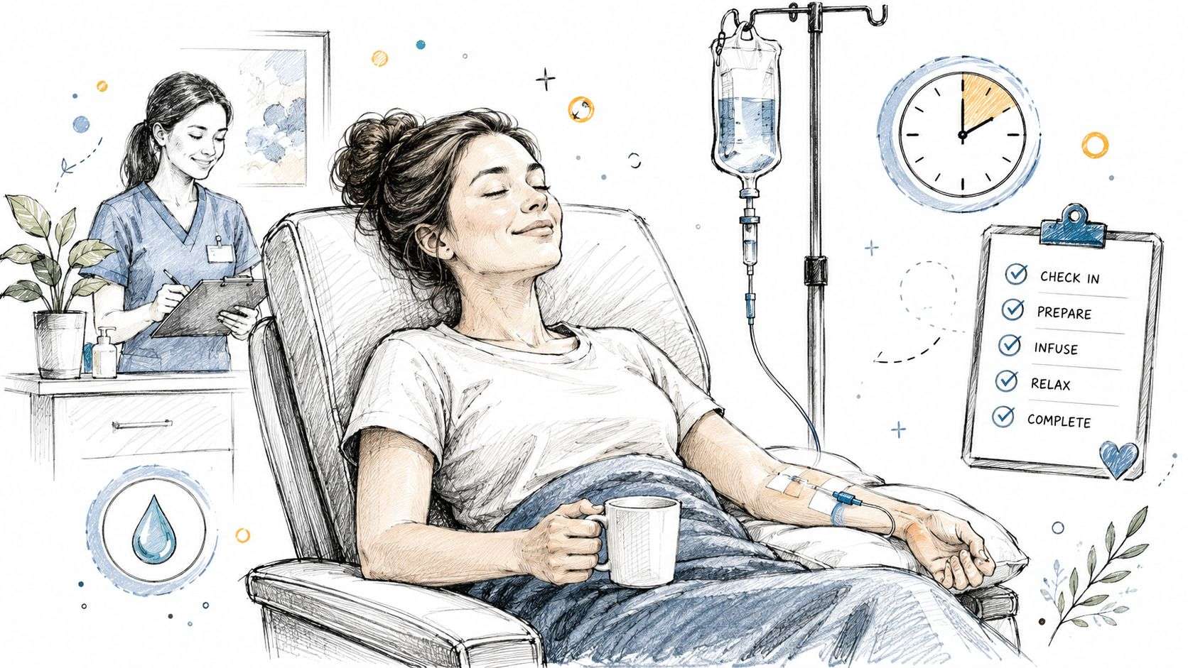 A relaxed patient receiving IV therapy in a comfortable medical setting with a nurse and checklist.