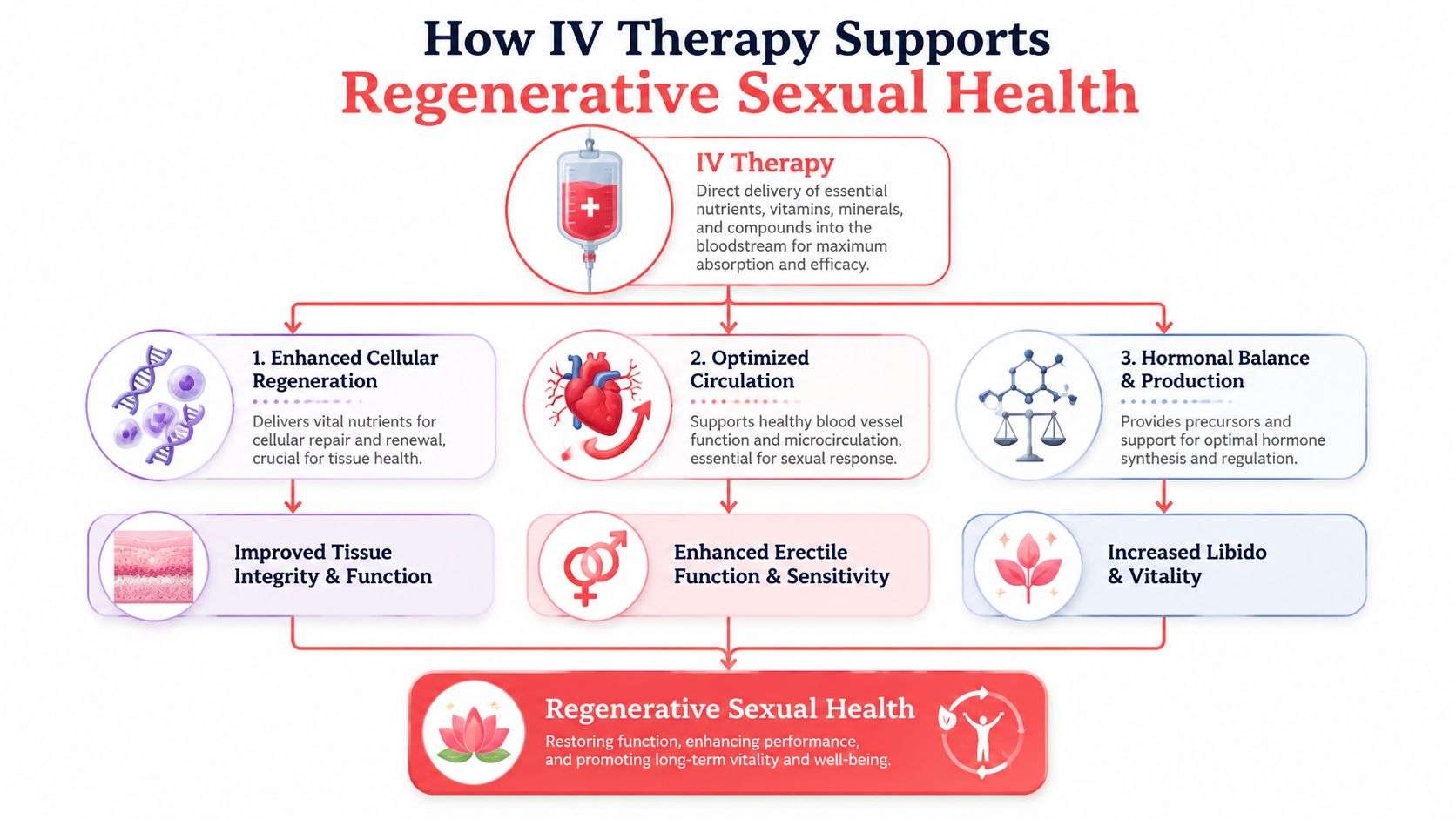 An infographic illustrating how IV therapy supports regenerative sexual health through cellular, circulatory, and hormonal pathways.