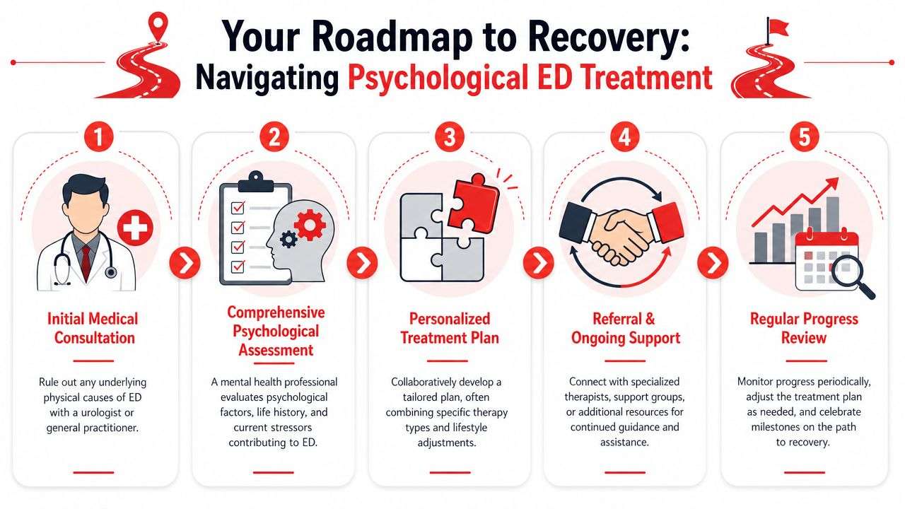 A five-step roadmap infographic explaining the process of seeking psychological treatment for erectile dysfunction recovery.