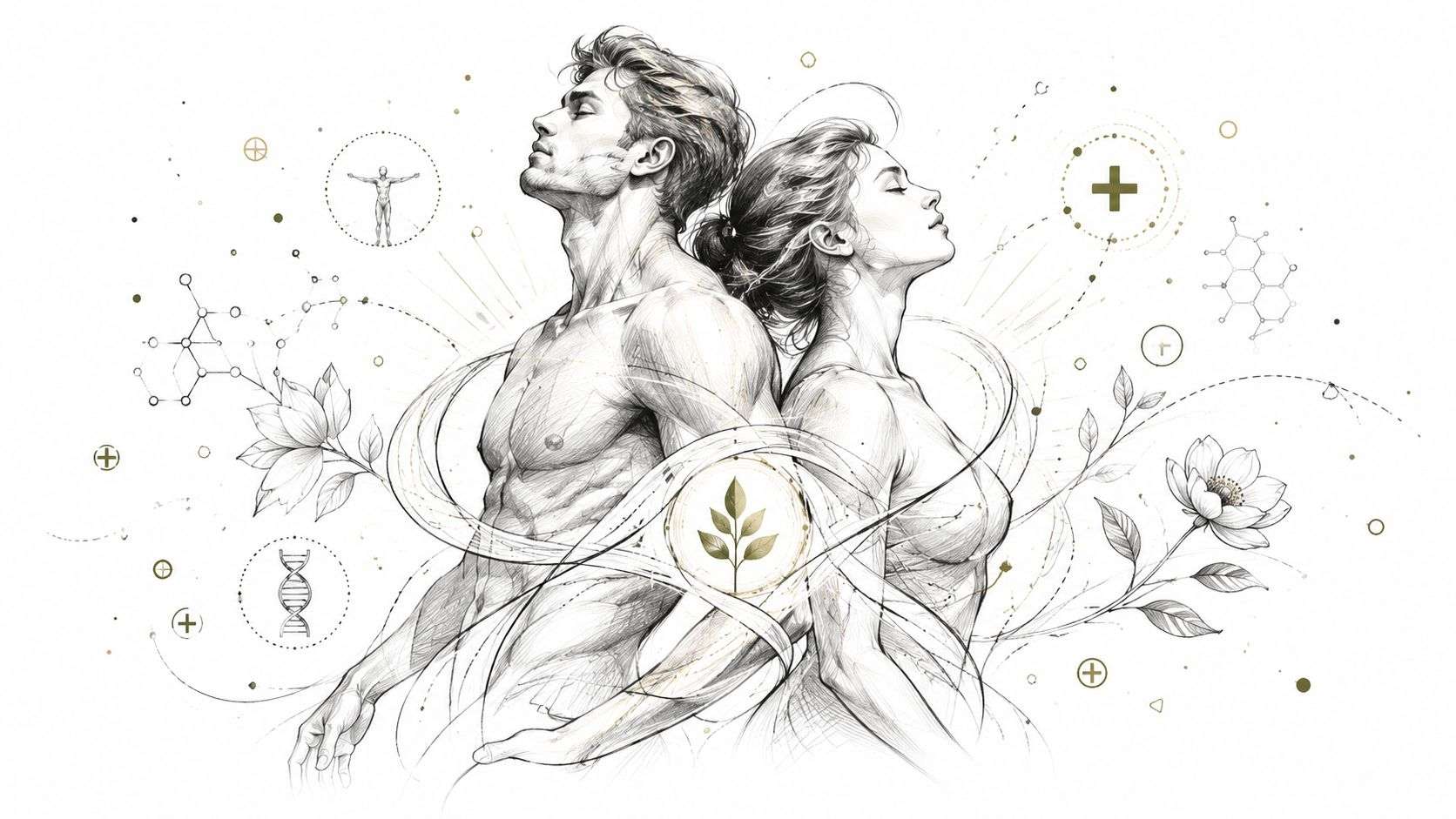 An artistic sketch of a man and woman standing back to back surrounded by wellness symbols and botanical elements.