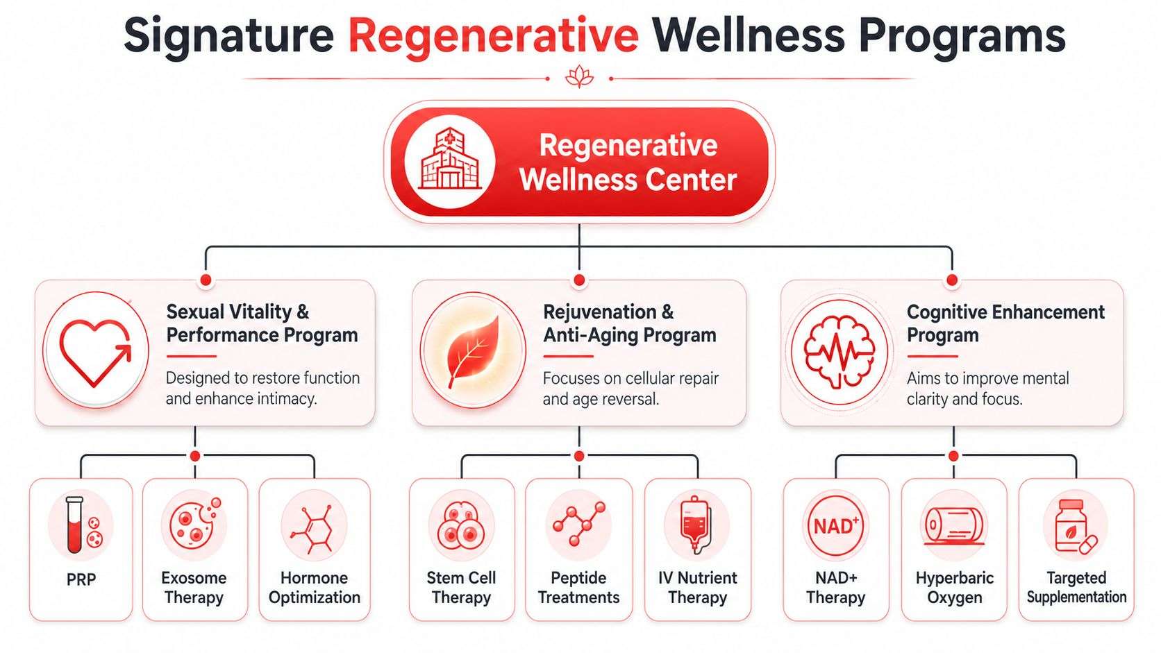 A diagram outlining the regenerative wellness programs offered at a wellness center including therapy and treatment options.