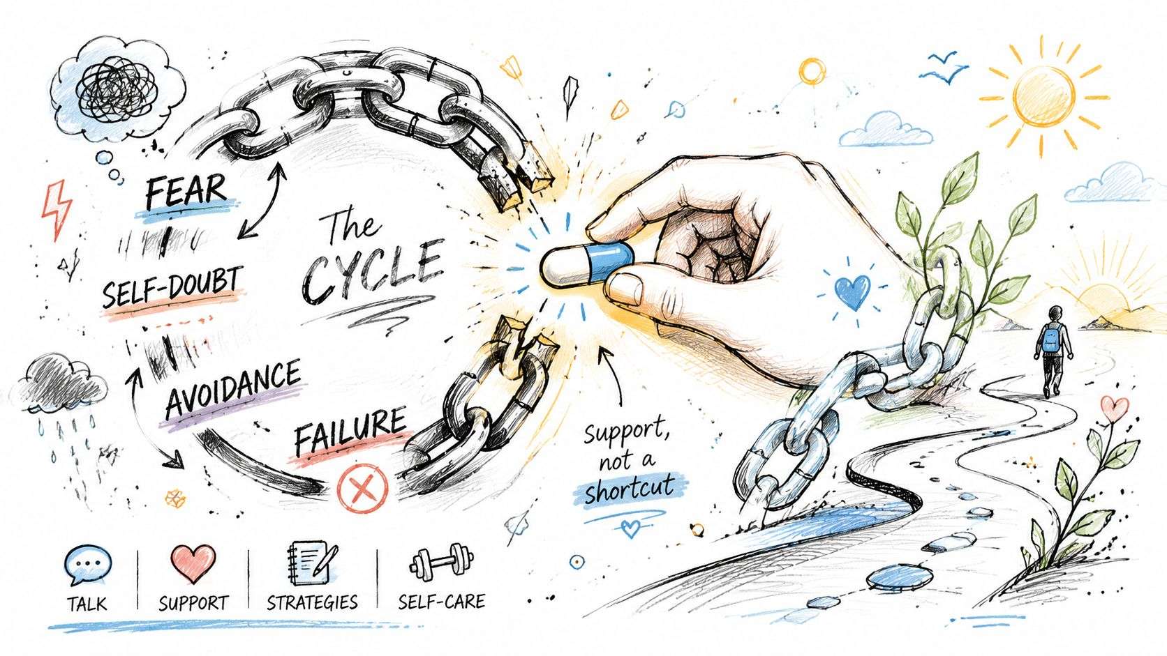 A conceptual illustration showing a breaking chain cycle of anxiety leading to a pill labeled as support.
