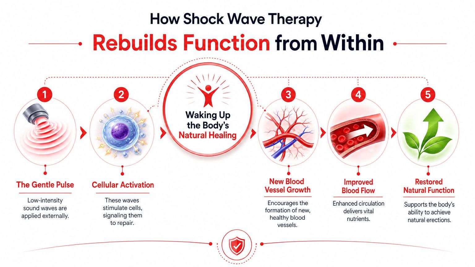 A diagram illustrating how shock wave therapy rebuilds function to support natural erections through cellular activation.