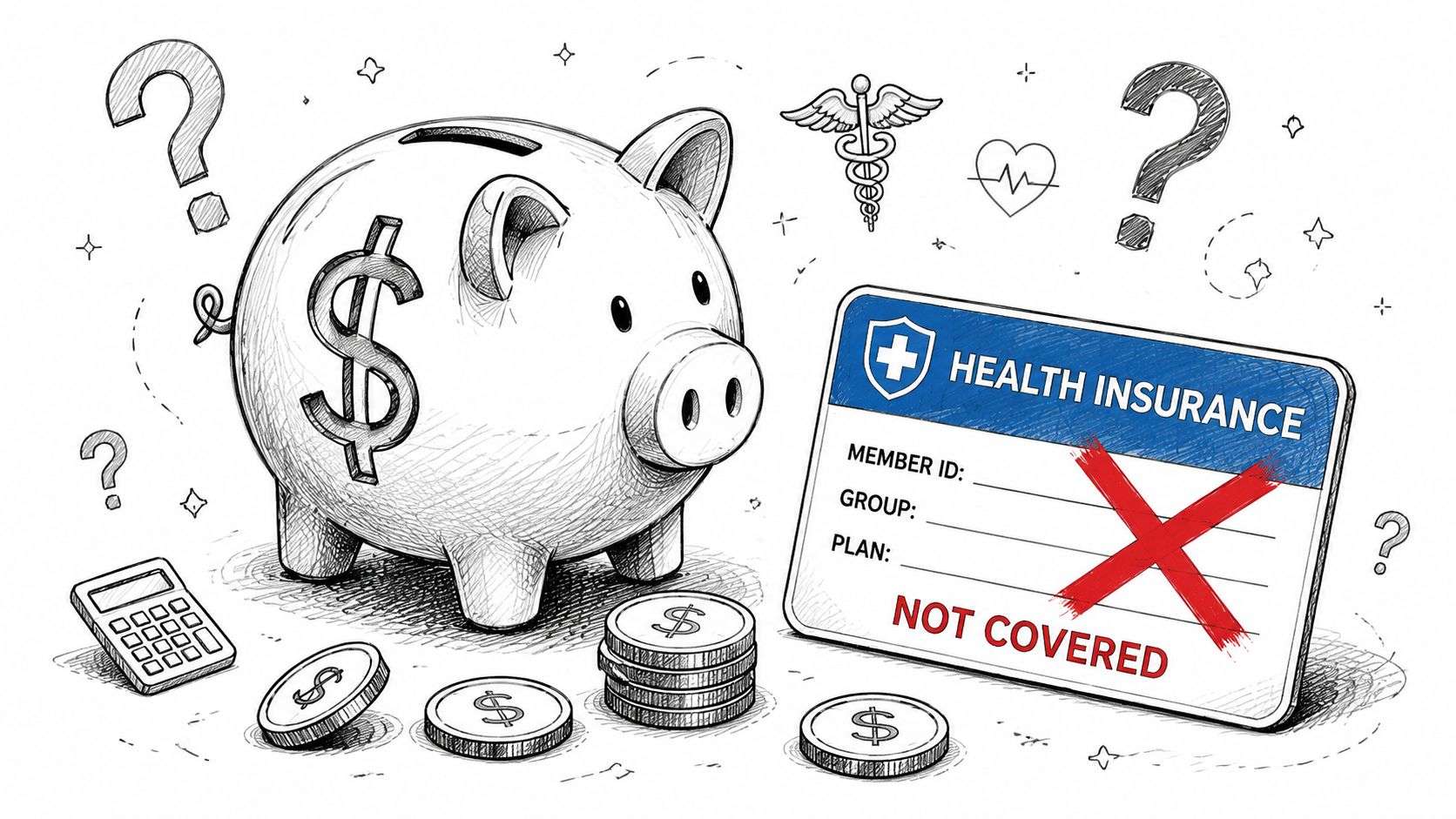 A piggy bank with money and a health insurance card marked as not covered by an X.