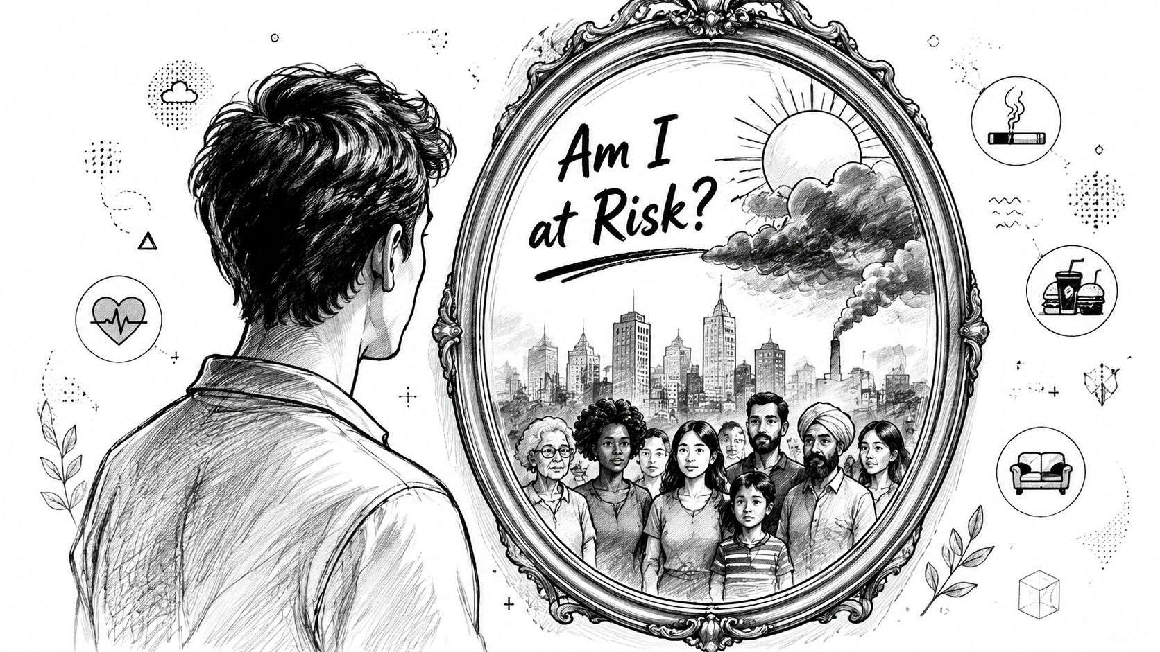 A line-art illustration shows a person looking into a mirror reflecting a city with people and health risk factors.