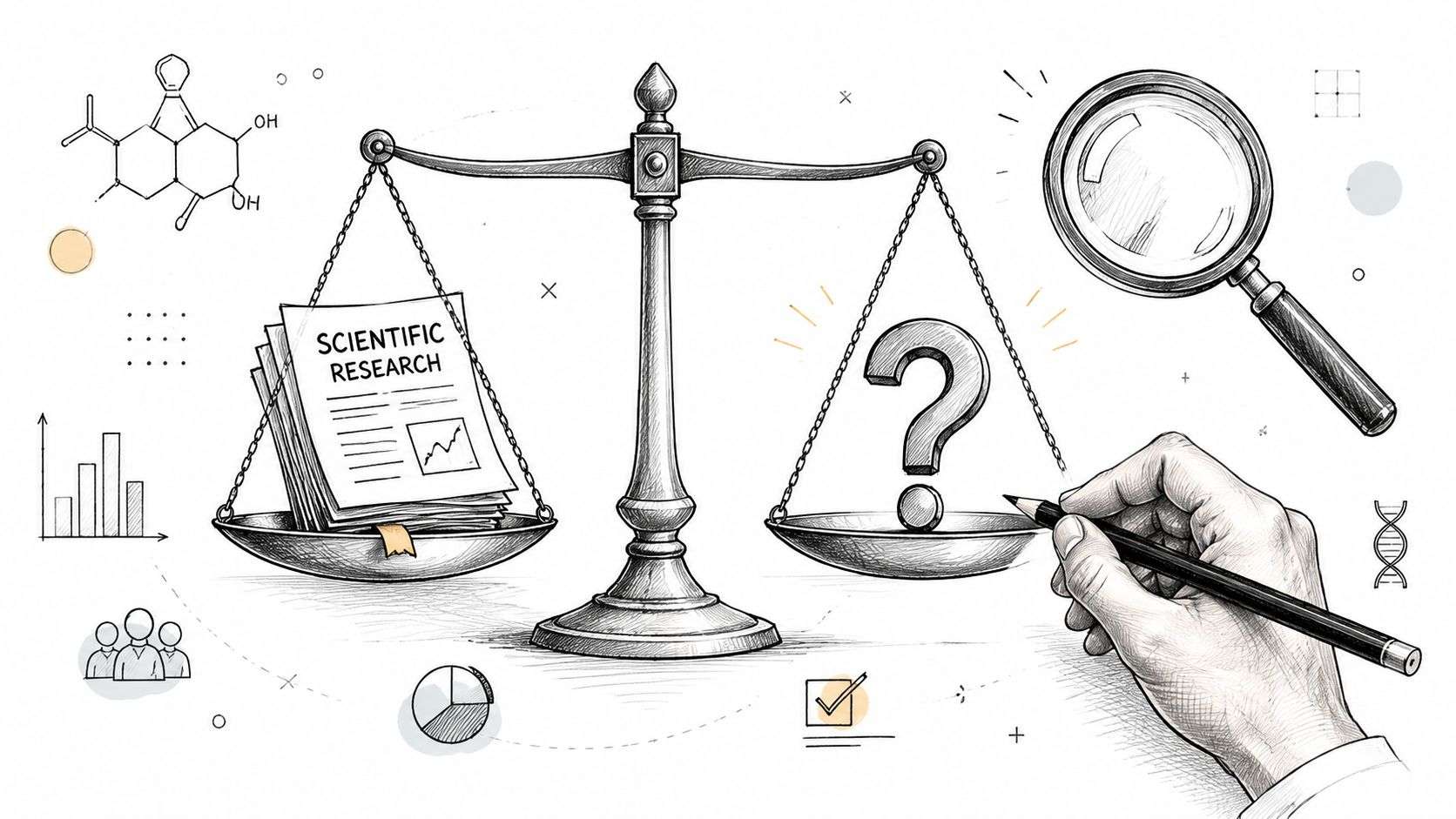 A conceptual sketch showing a scale weighing scientific research against a question mark to signify investigation.