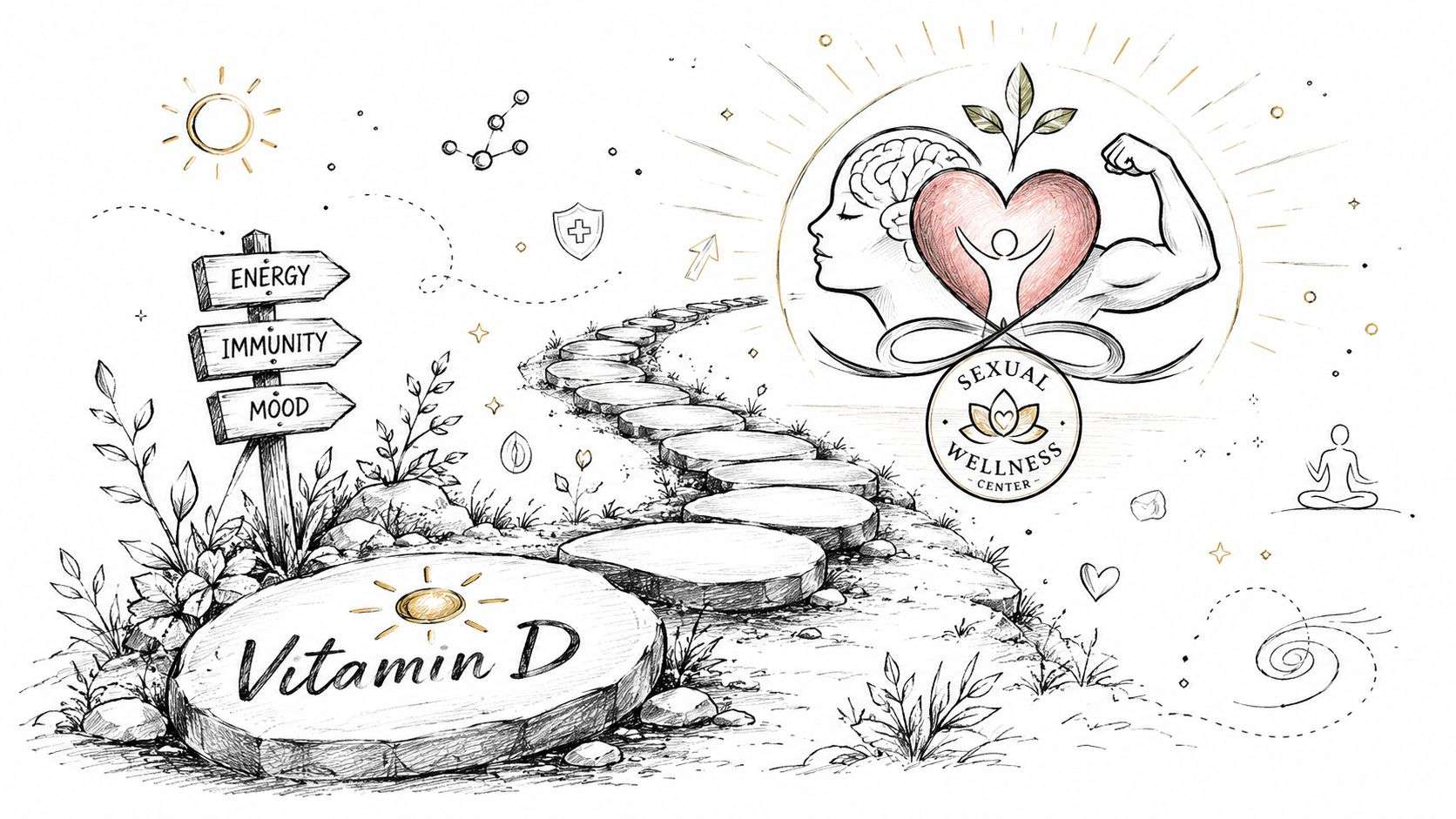 A conceptual illustration linking Vitamin D intake to energy, immunity, mood, and sexual wellness for better health.