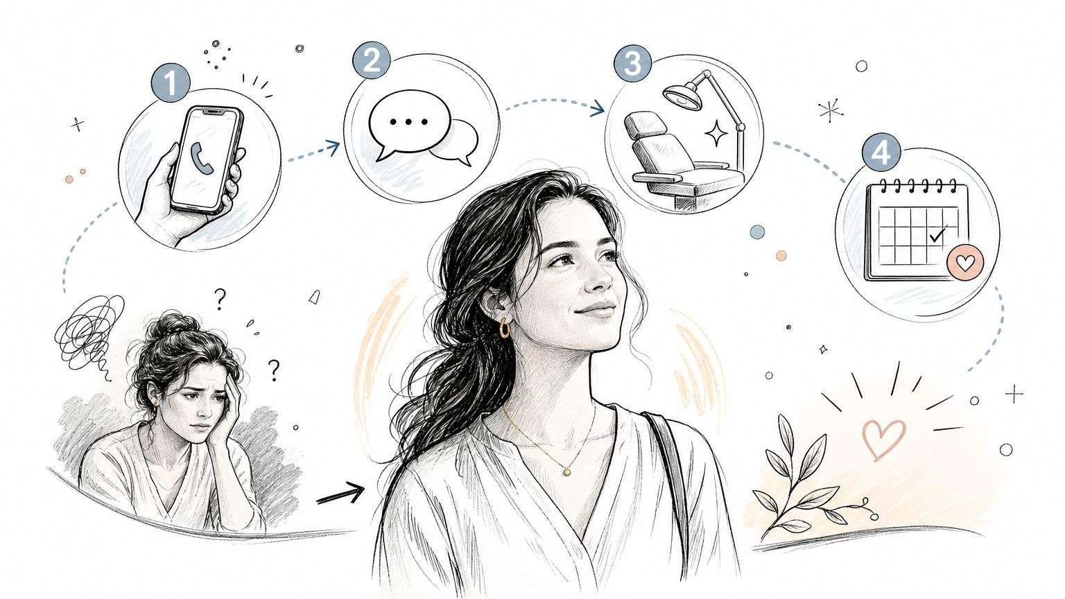 A woman transition from a worried state to a calm, happy state through a four-step clinical process.