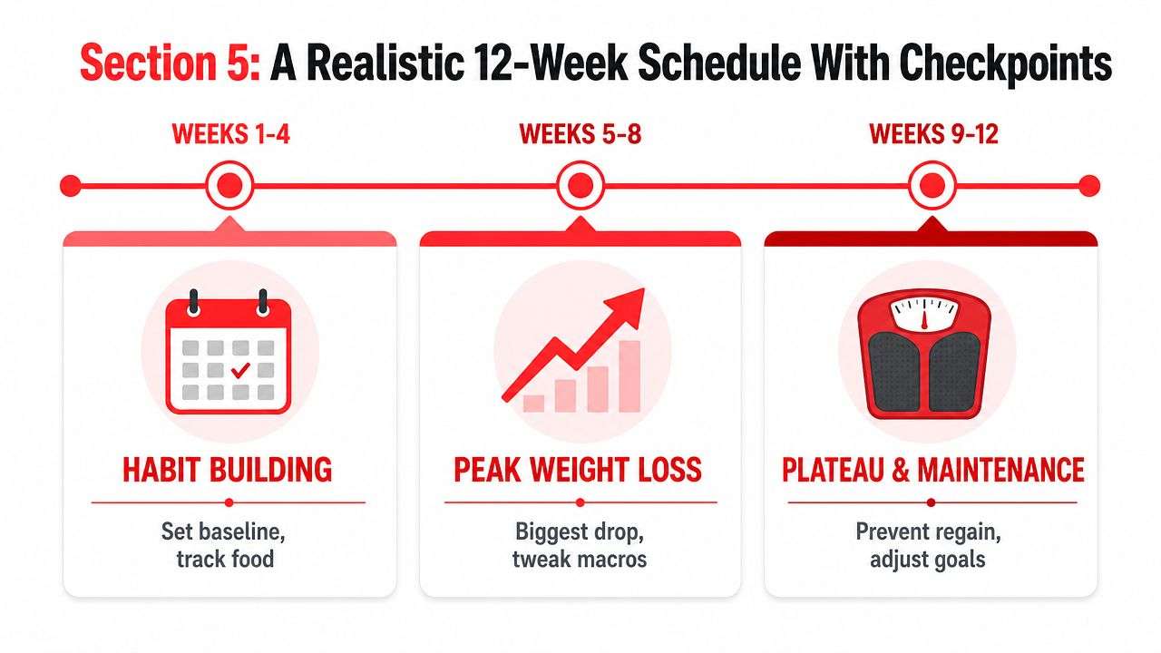 A 12-week weight loss plan infographic divided into habit building, peak weight loss, and maintenance phases.