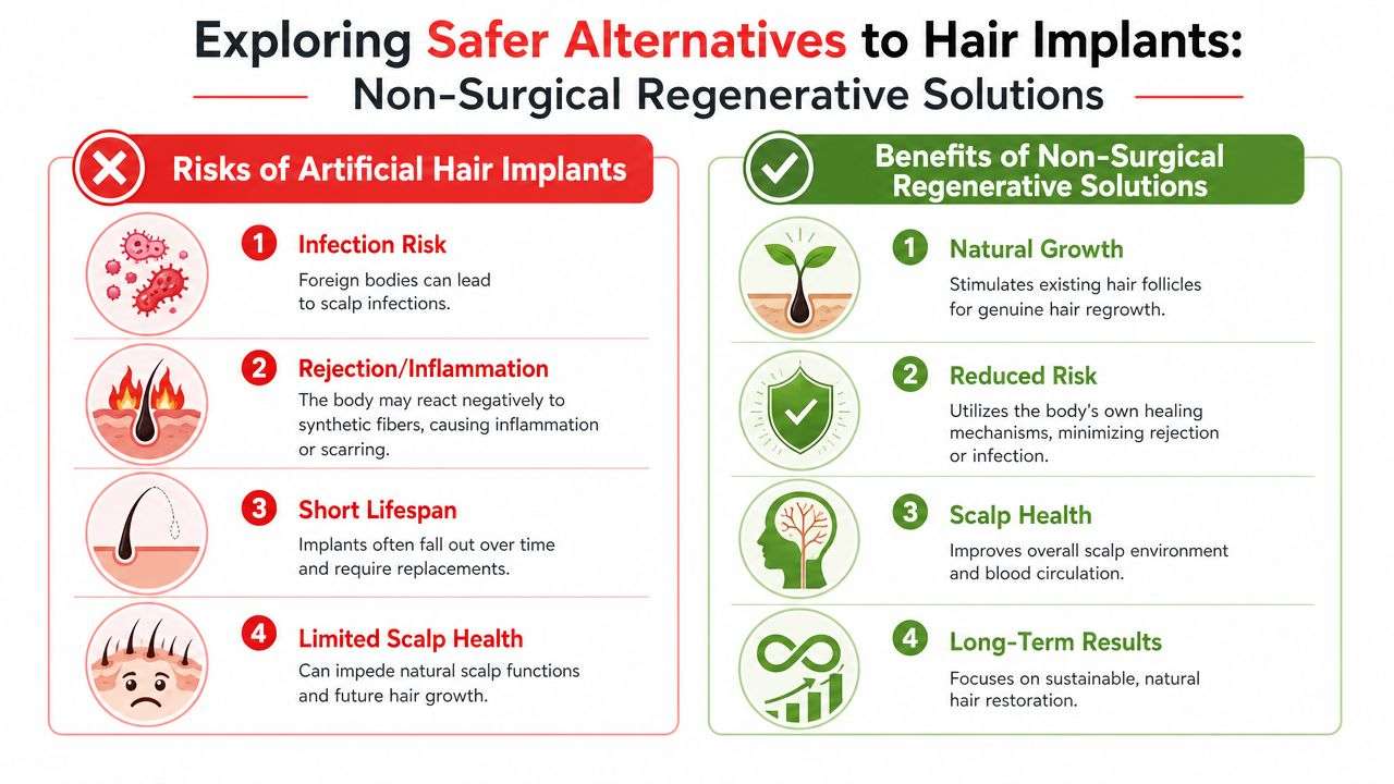 A comparison chart showing risks of artificial hair implants versus benefits of non-surgical regenerative solutions.