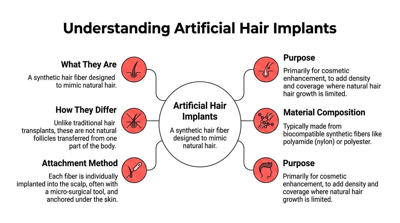 An infographic titled Understanding Artificial Hair Implants, explaining their definition, material composition, and the implantation method.