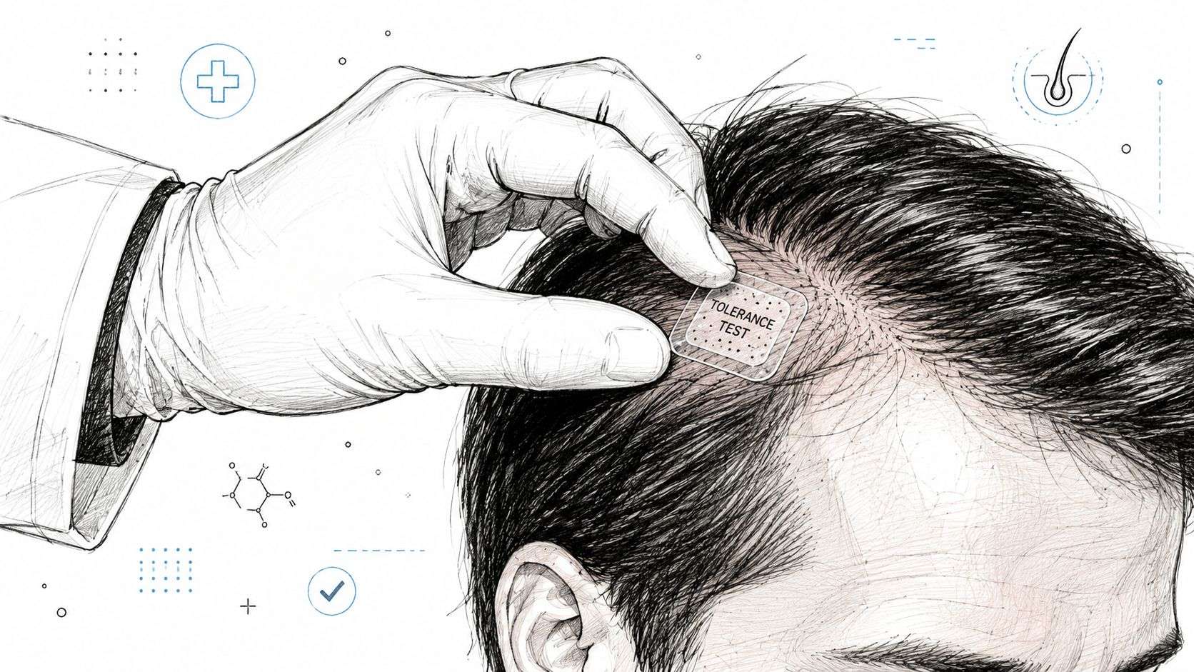 A gloved doctor applying a small medical patch labeled tolerance test onto a person's thinning scalp area.