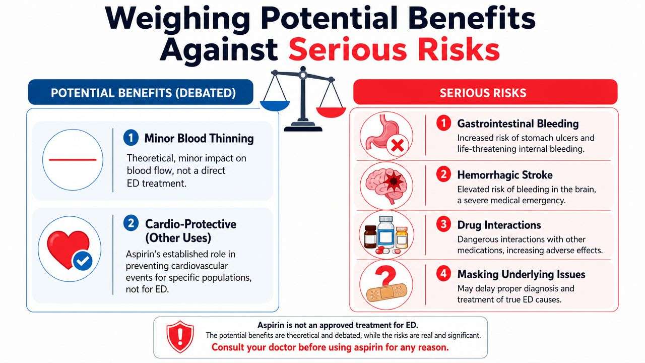 An infographic comparing the theoretical benefits of aspirin against significant risks regarding erectile dysfunction treatment.