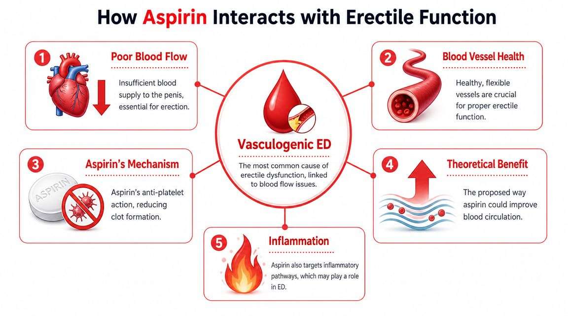 An infographic titled How Aspirin Interacts with Erectile Function illustrating vasculogenic ED, blood flow, and aspirin's benefits.