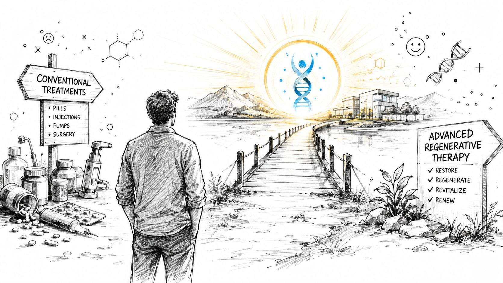 A person standing at a crossroads choosing between conventional medical treatments and advanced regenerative therapy options.