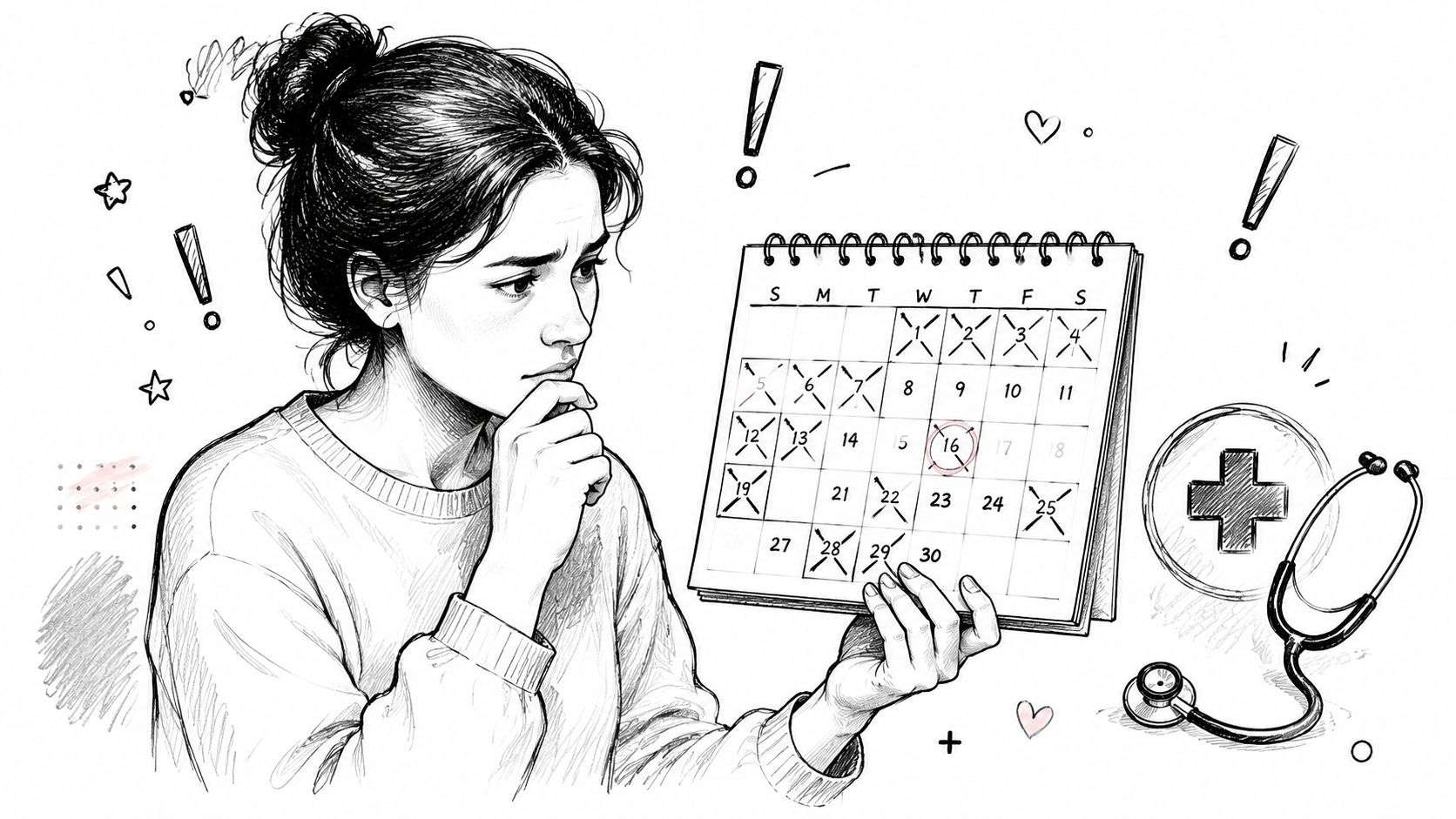 A woman looks concerned while holding a calendar marked with X's and a circle on the 16th.