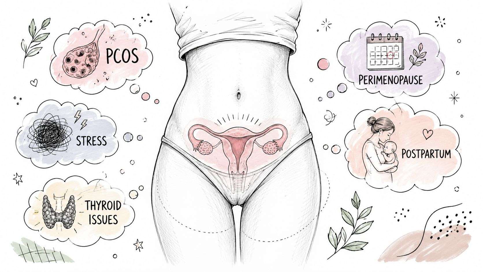 A diagram showing the female reproductive system surrounded by factors affecting ovulation like PCOS, stress, and postpartum.