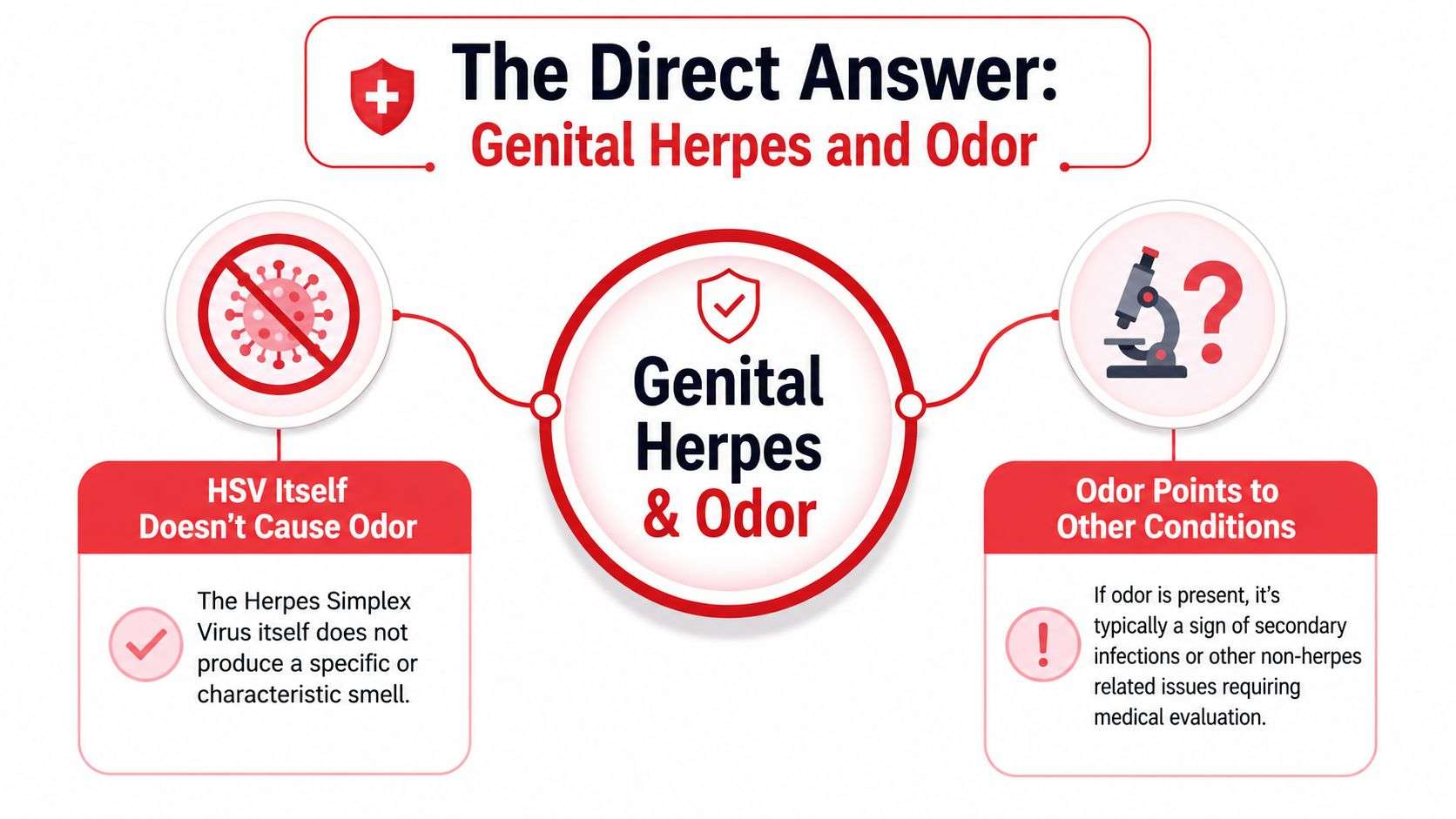 An infographic explaining that genital herpes does not cause a specific odor, suggesting other underlying conditions.