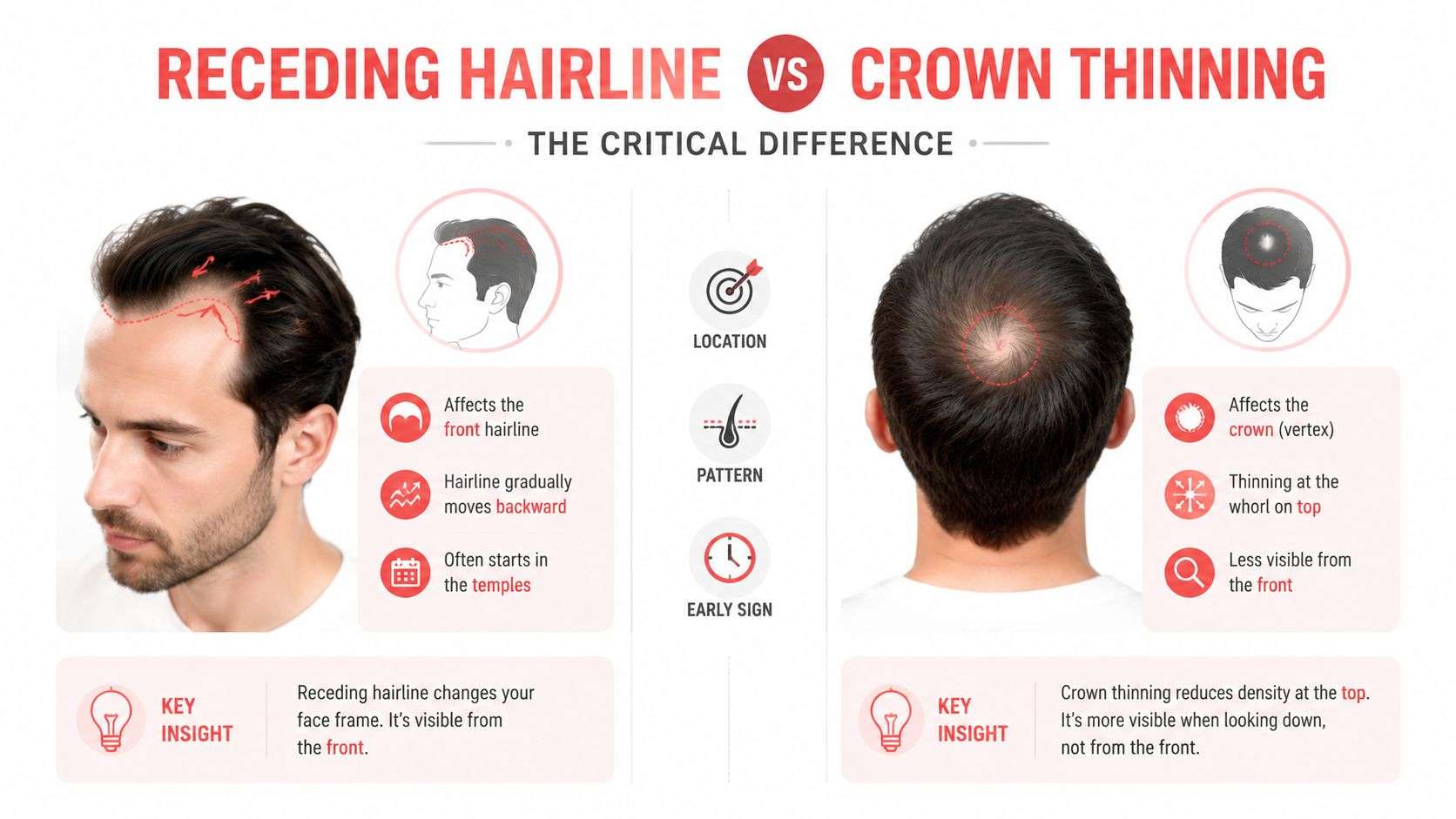 An infographic comparing symptoms of a receding hairline and crown thinning to help distinguish between hair loss types.