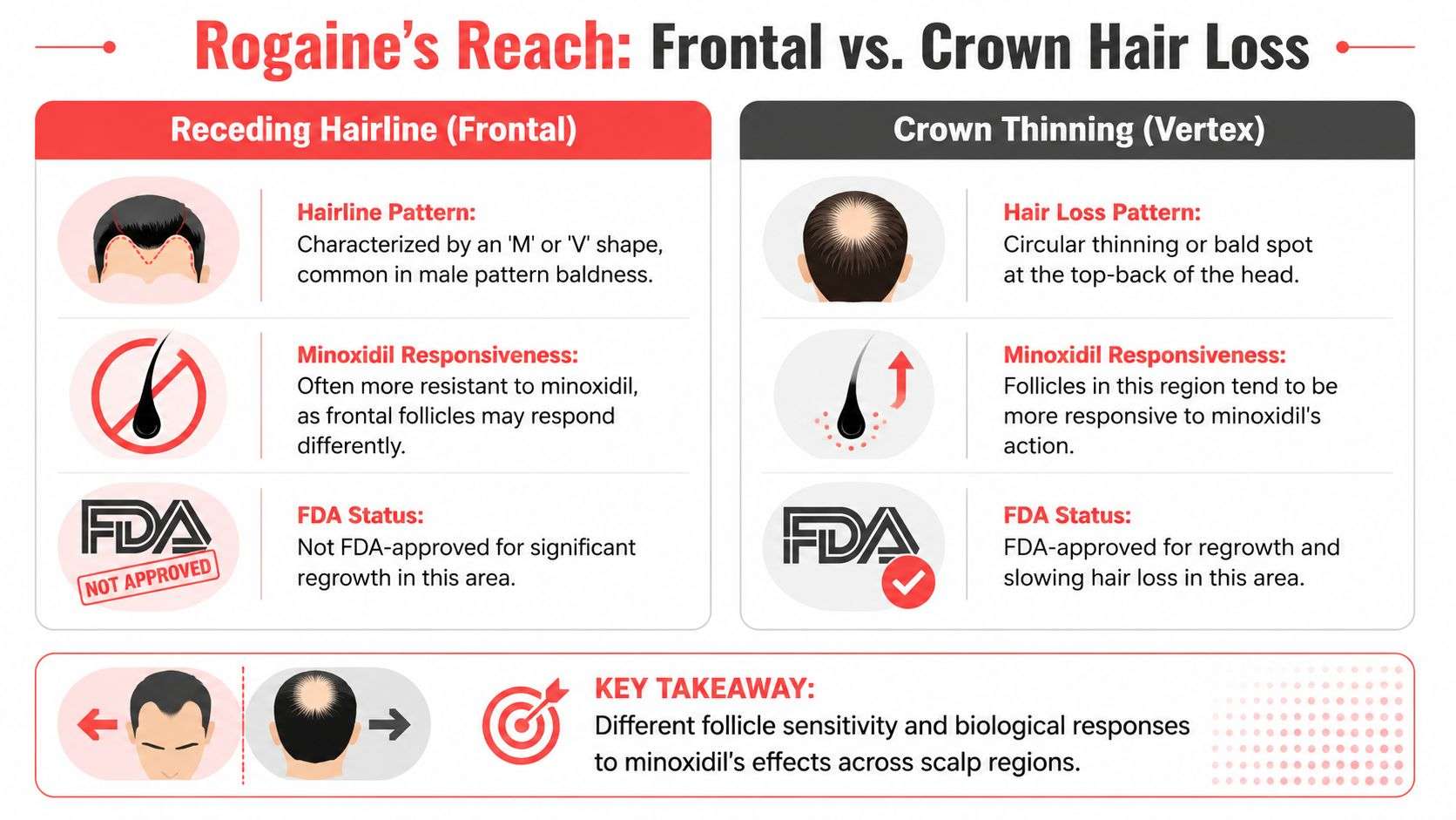 A comparison chart showing how Rogaine works differently on frontal receding hairlines versus crown vertex hair thinning.