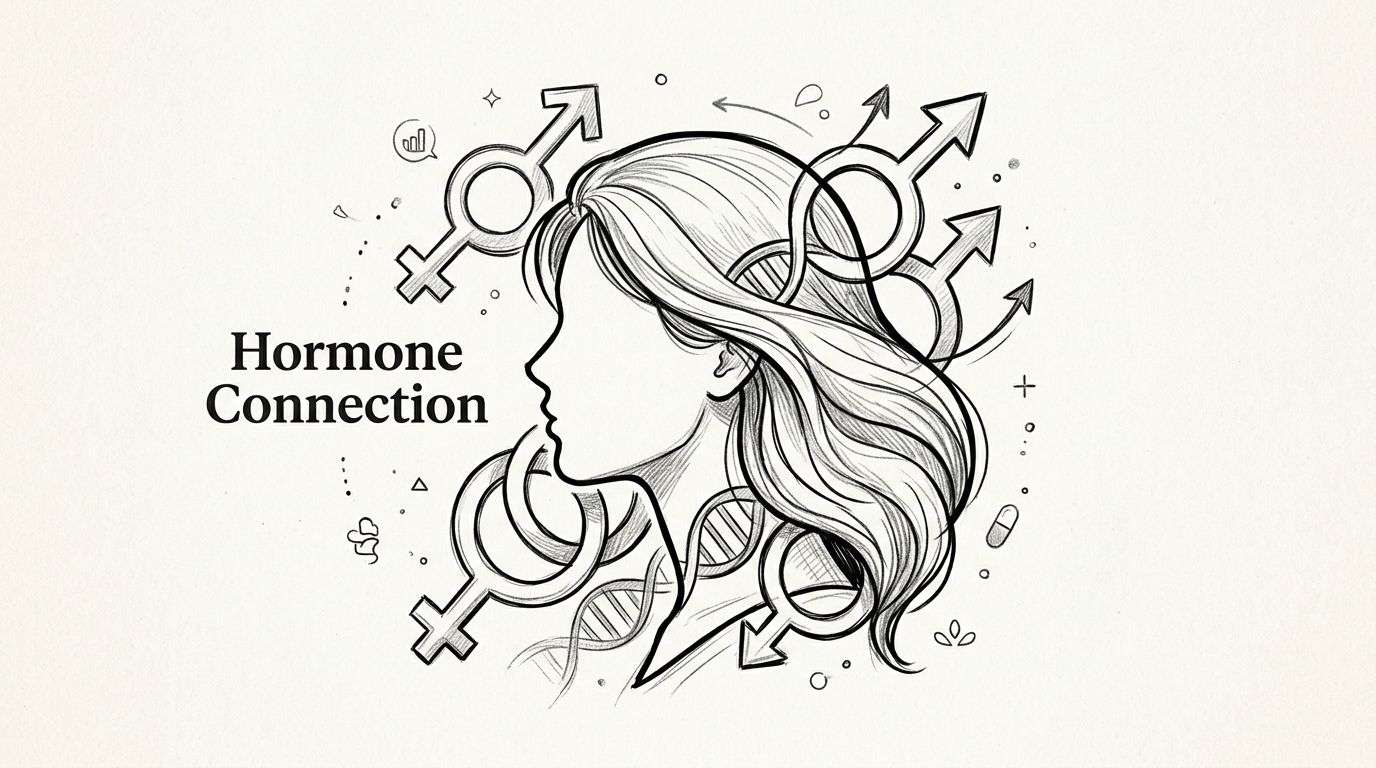 A sketched illustration of a woman in profile surrounded by gender symbols and a DNA helix.