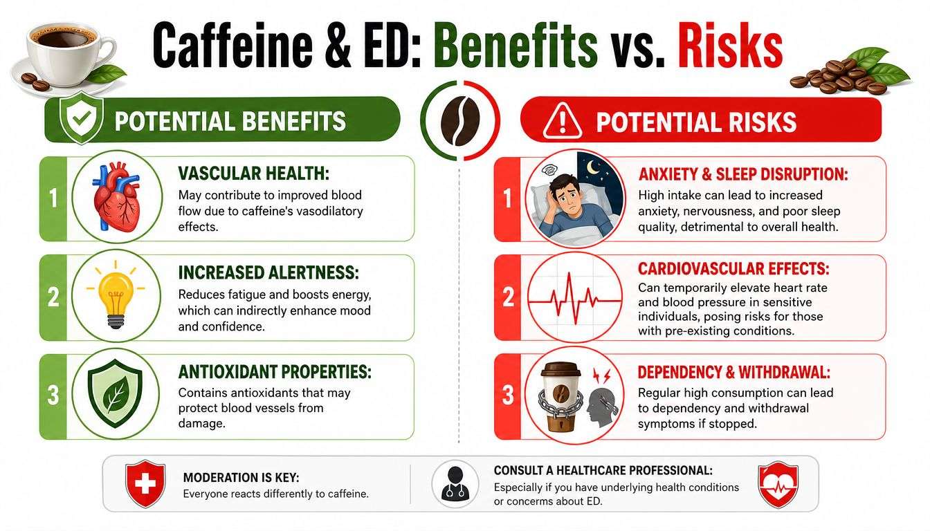 An infographic comparing the potential health benefits and risks of caffeine consumption in relation to erectile dysfunction.