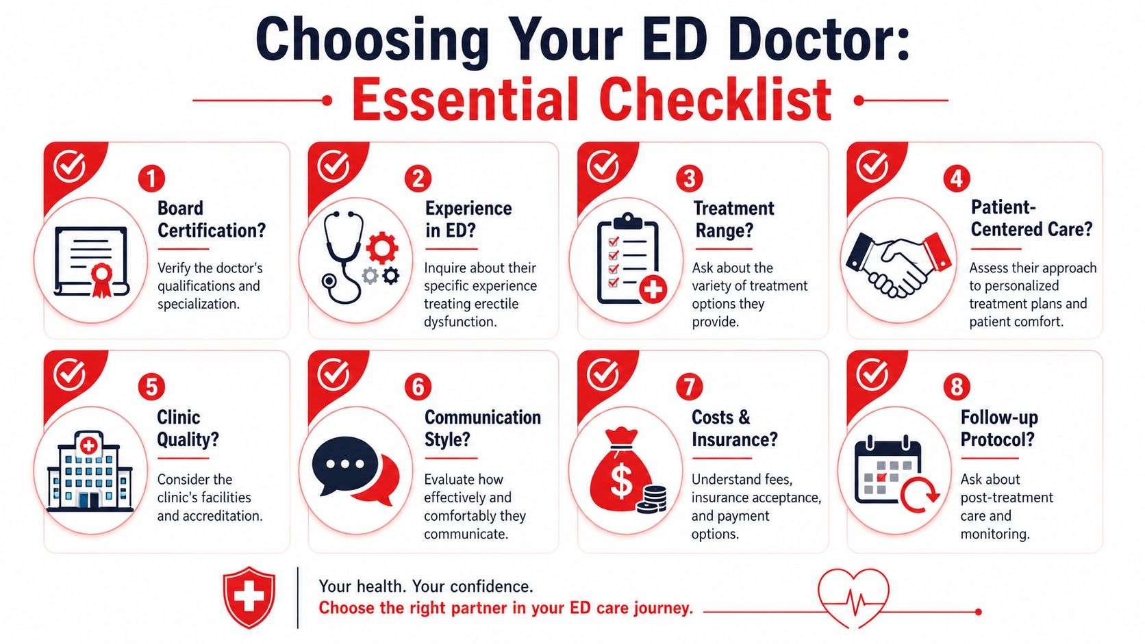 An infographic checklist for choosing a doctor to treat erectile dysfunction, including eight important patient considerations.
