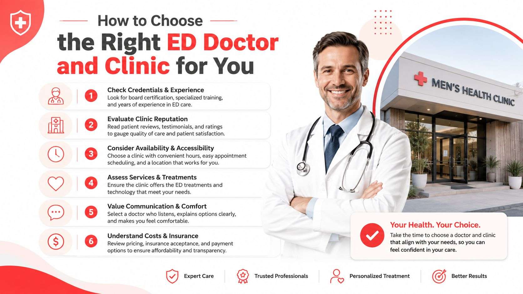 An infographic guiding men on how to choose the right doctor and clinic for erectile dysfunction treatment.
