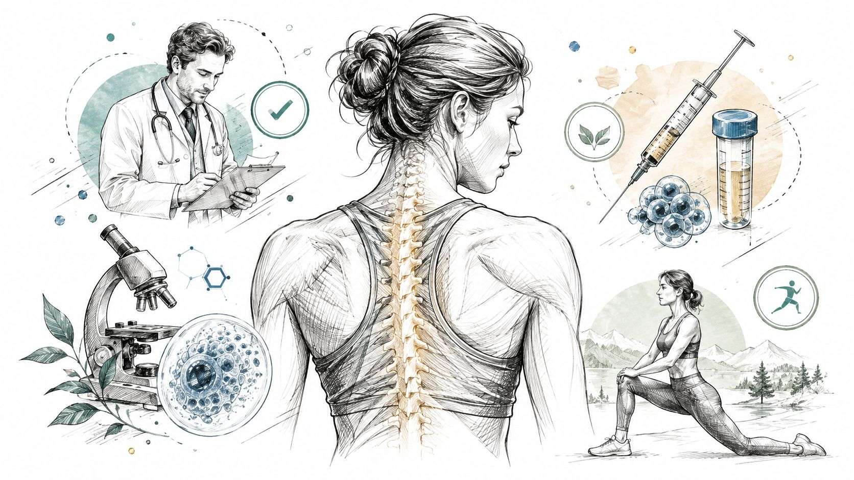 A conceptual medical illustration depicting spinal health, doctor consultation, laboratory testing, and physical therapy exercise routines.