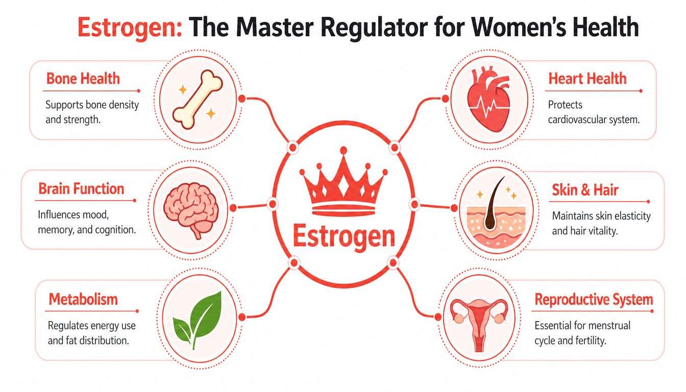 A diagram illustrating the health benefits of estrogen for women, including bone, heart, brain, and reproductive health.