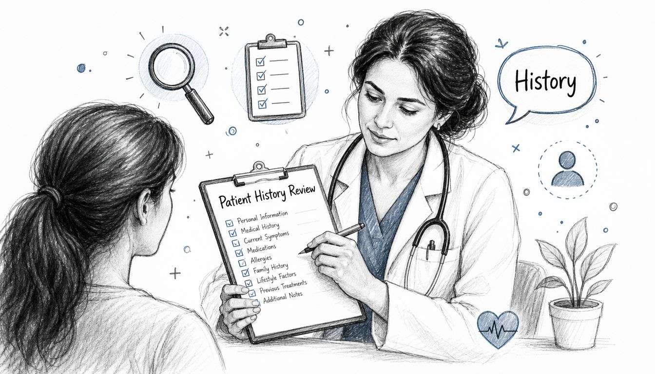 A female doctor reviewing a patient history checklist with a patient during a medical consultation.